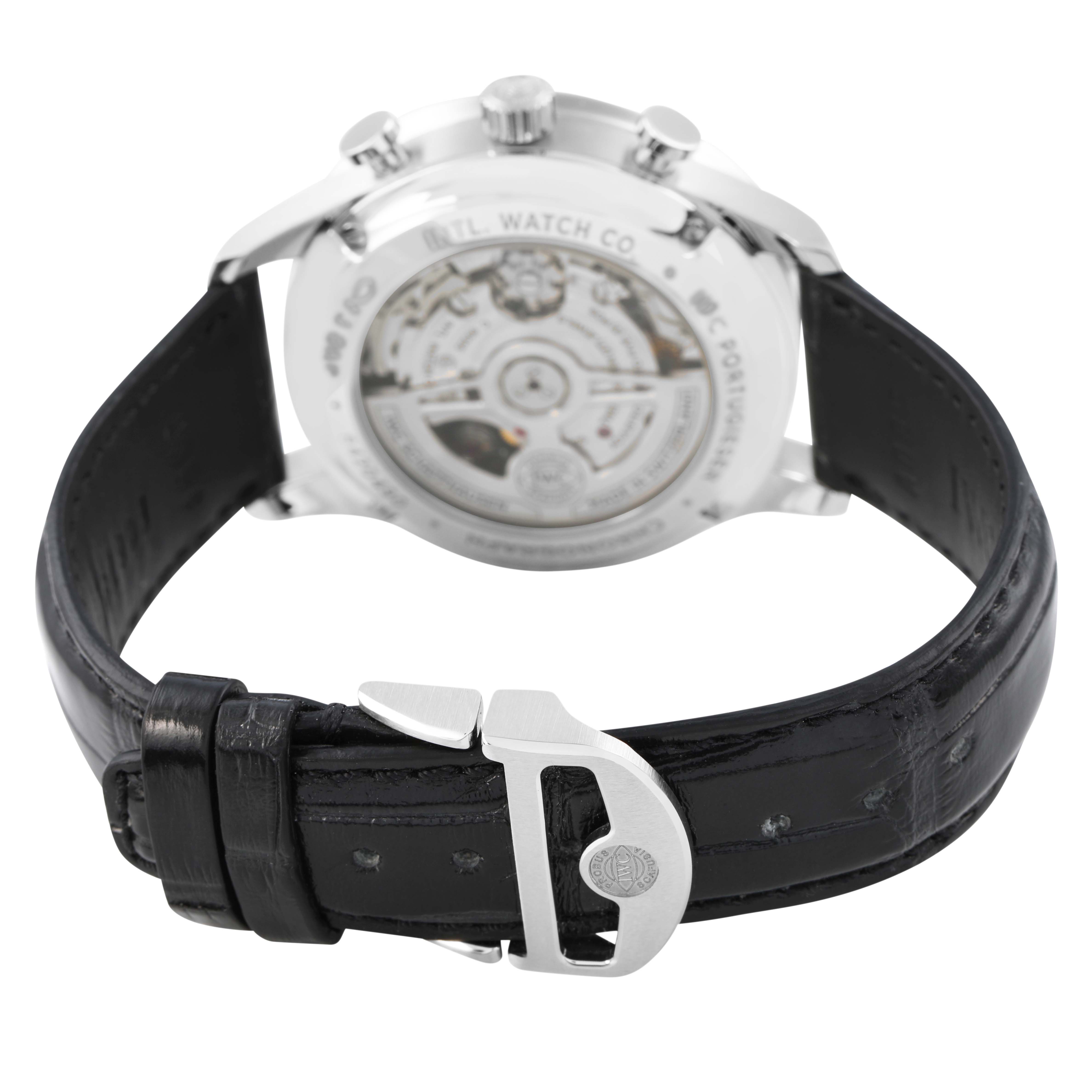 The image shows the back view of an IWC Portuguese IW371615 Men's Stainless Steel Green Dial model, highlighting the movement and leather strap.