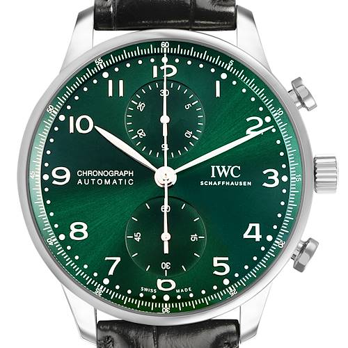 The IWC Portuguese IW371615 Men's Stainless Steel Green Dial model watch is shown from the front, highlighting its green dial, chronograph subdials, and silver hands.