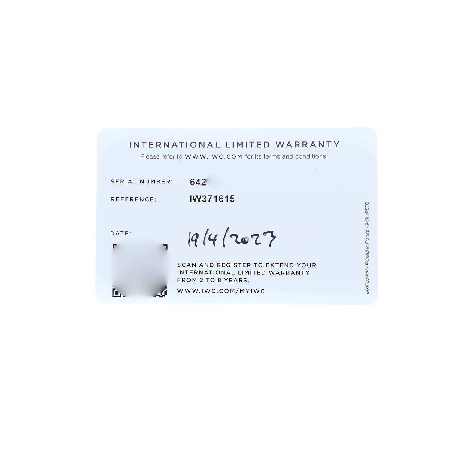 This image shows the international limited warranty card for the IWC Portuguese IW371615 Men's Stainless Steel Green Dial model watch.