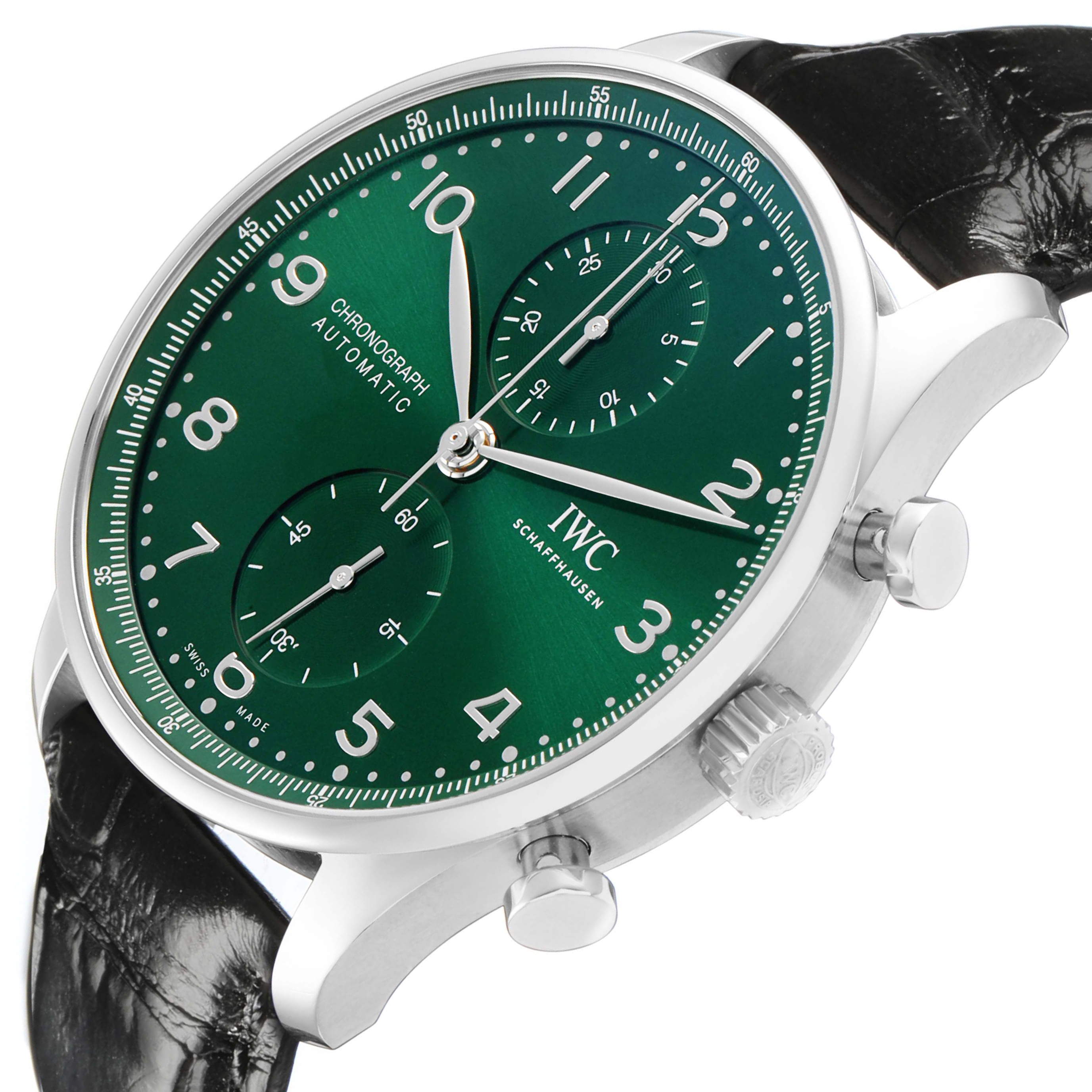 The IWC Portuguese IW371615 Men's Stainless Steel Green Dial watch is shown from a side angle, highlighting the green dial, chronograph, and black leather strap.