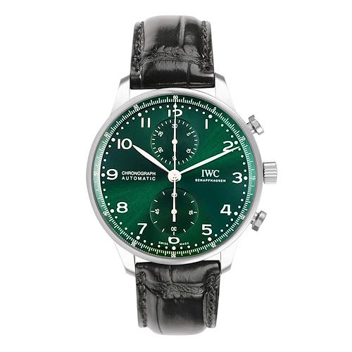 Photo of IWC Portuguese Chronograph Green Dial Steel Mens Watch IW371615 Box Card