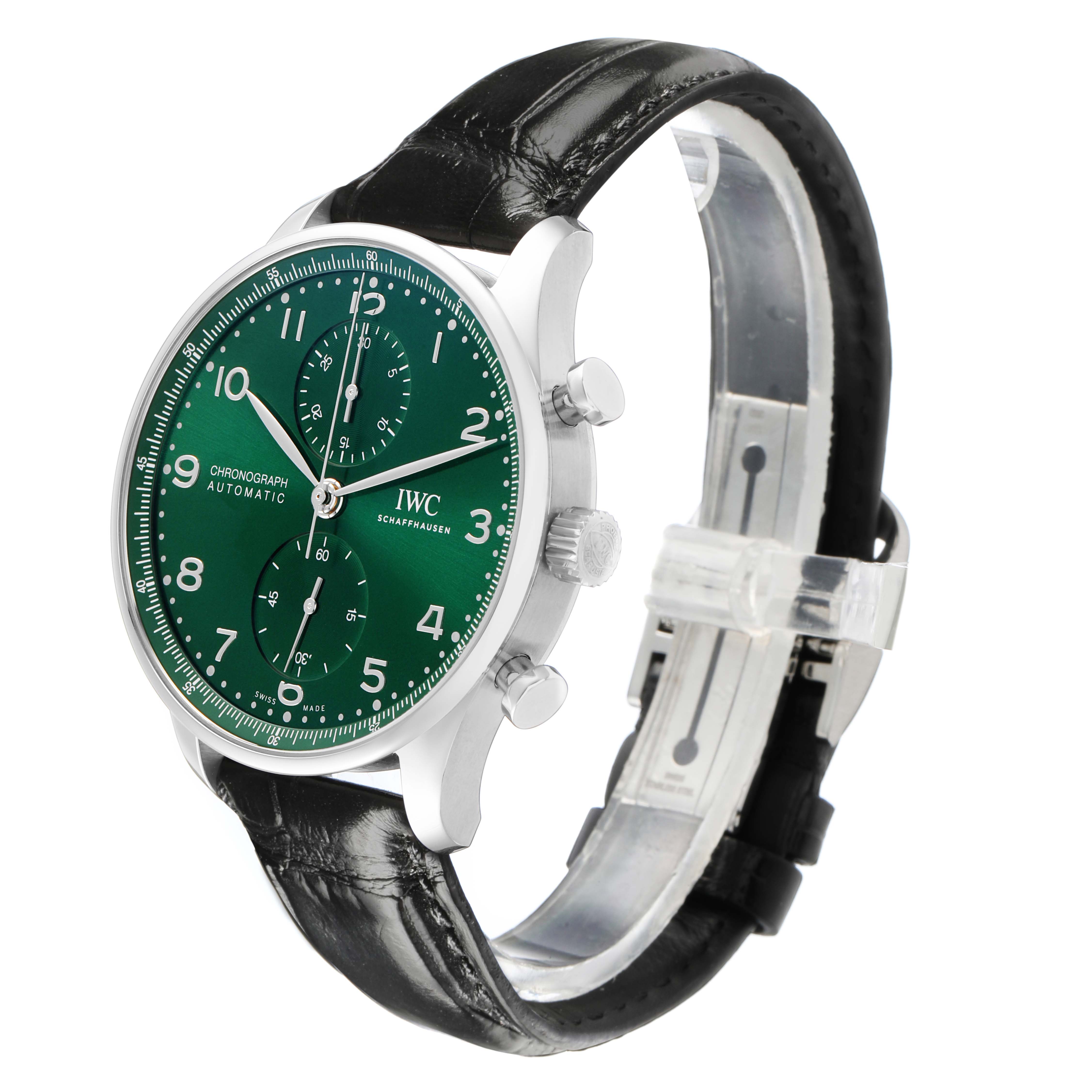 The IWC Portuguese IW371615 Men's Stainless Steel Green Dial watch is shown at a slight angle highlighting the dial, crown, pushers, and leather strap.