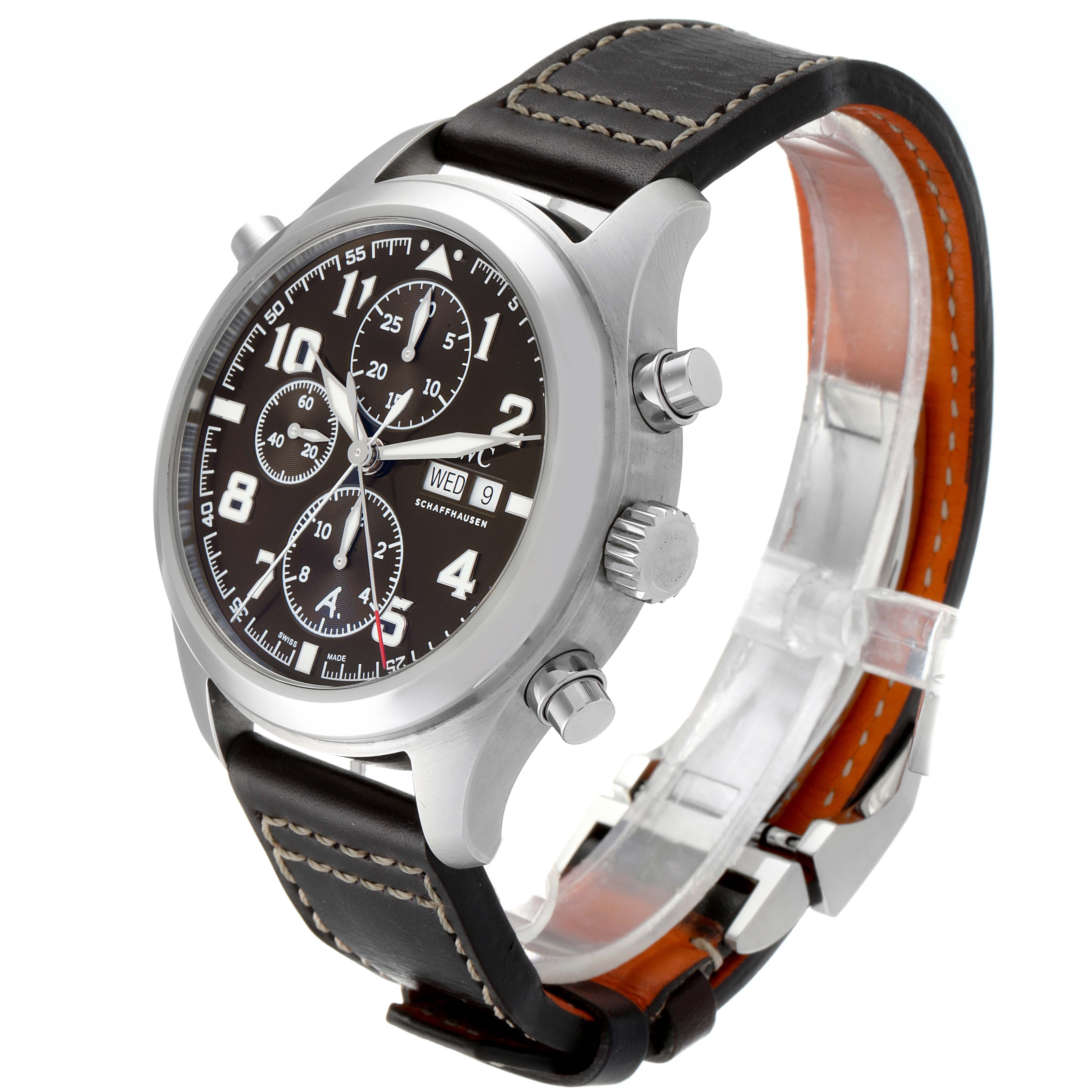 The IWC Pilot IW371808 Men's Stainless Steel Brown Dial IW371808 Men's Stainless Steel Brown Dial model watch is shown at a three-quarter angle, highlighting the dial, crown, pushers, and leather strap.