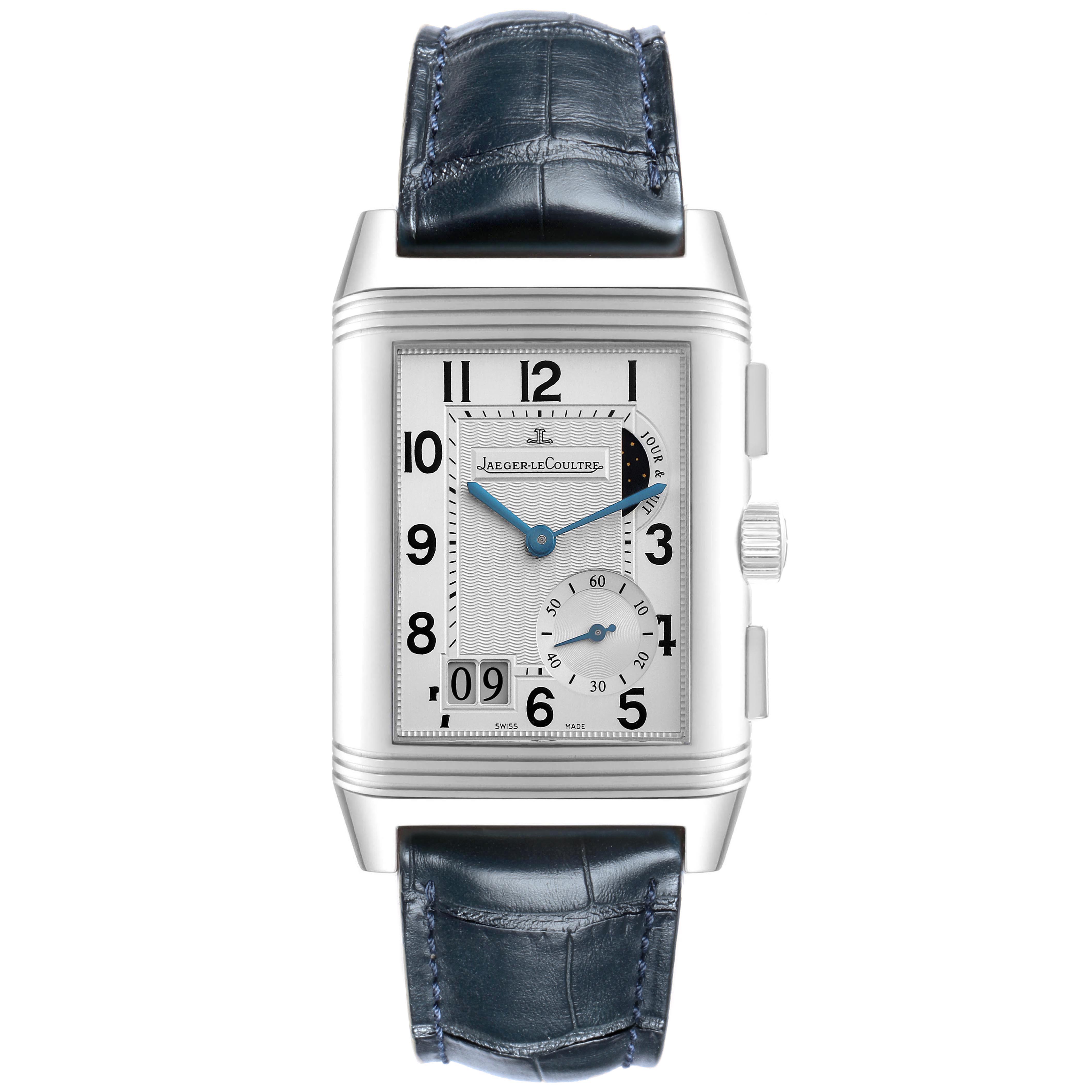 The Jaeger-LeCoultre Reverso watch is shown from a frontal angle, displaying the face, strap, and side crown.