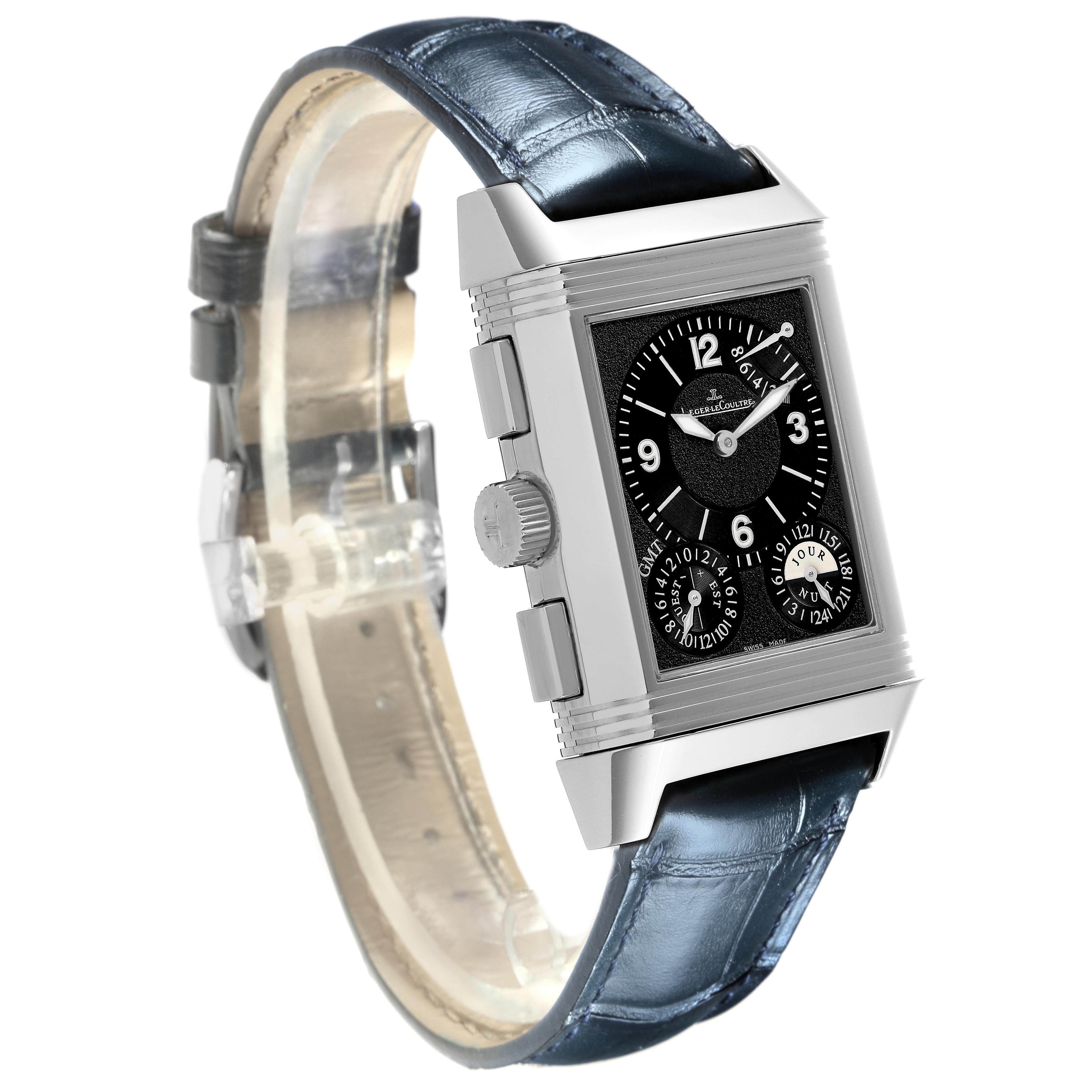 The Reverso model by Jaeger LeCoultre is shown at a slight angle, displaying the face, crown, and part of the strap.