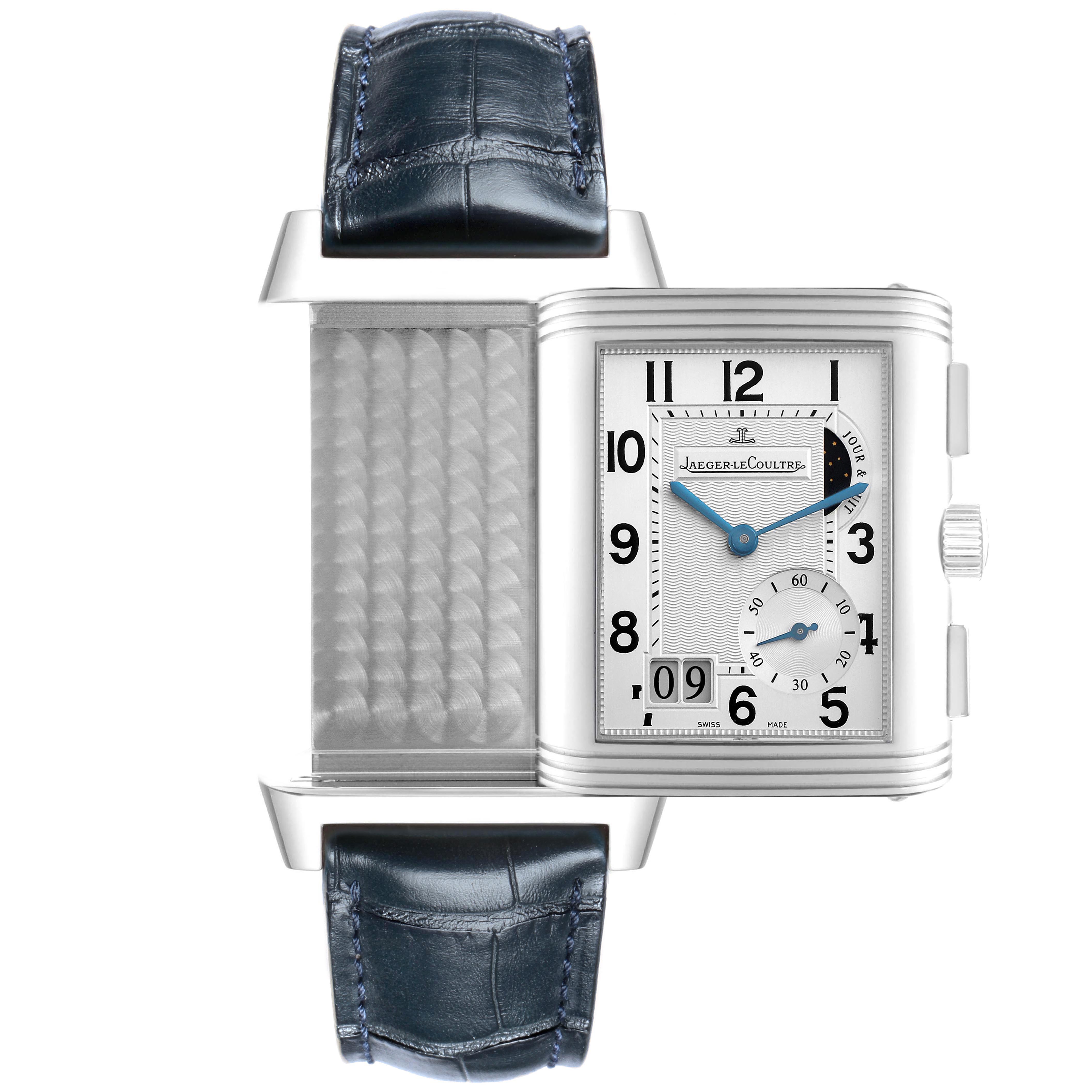 The Jaeger LeCoultre Reverso Q3028420 Men's Stainless Steel Silver Dial Q3028420 Men's Stainless Steel Silver Dial watch is shown at an angle displaying its swivel mechanism with both the front dial and underside visible.