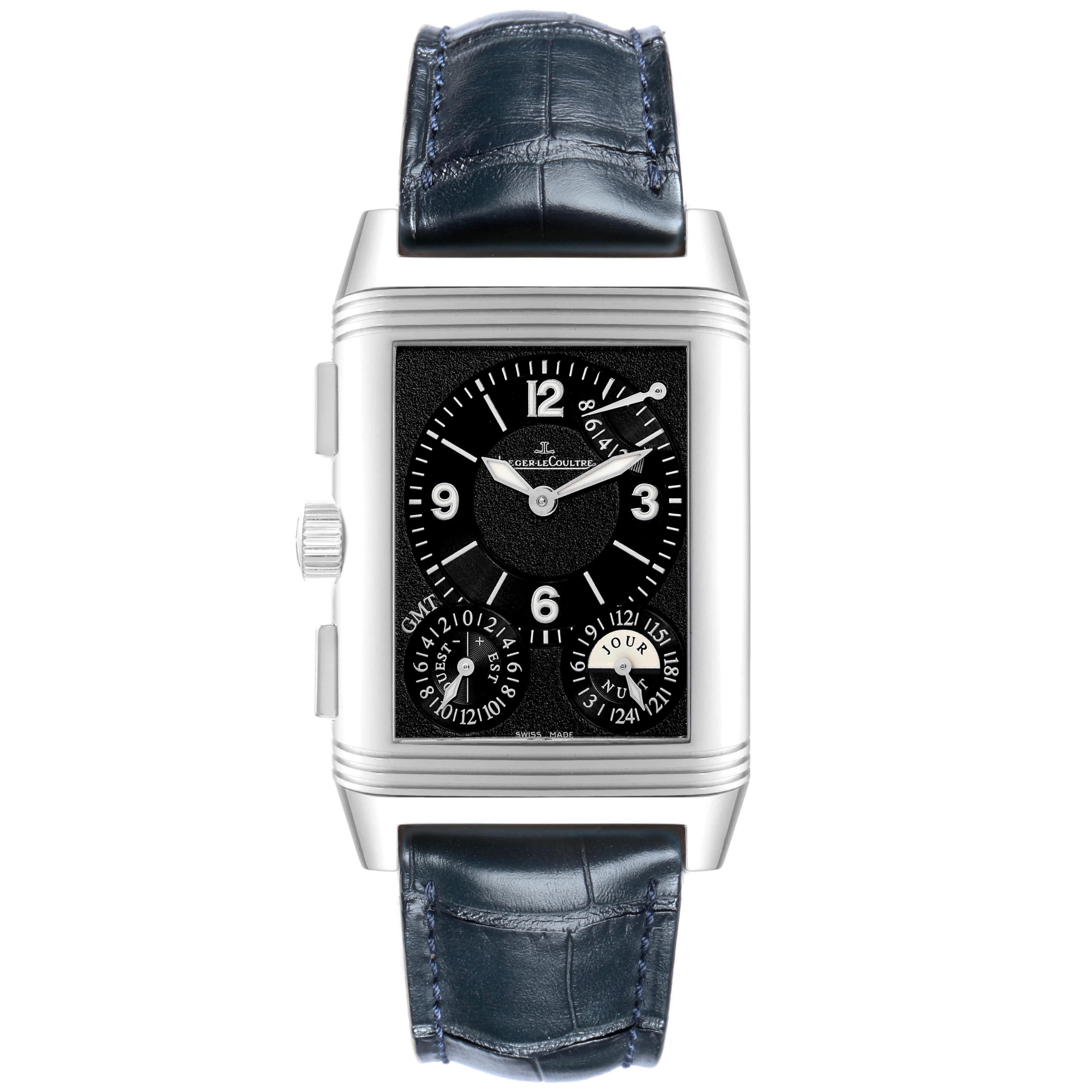 The Jaeger-LeCoultre Reverso watch is shown from the front, featuring the dial, numerals, subdials, and watch hands.