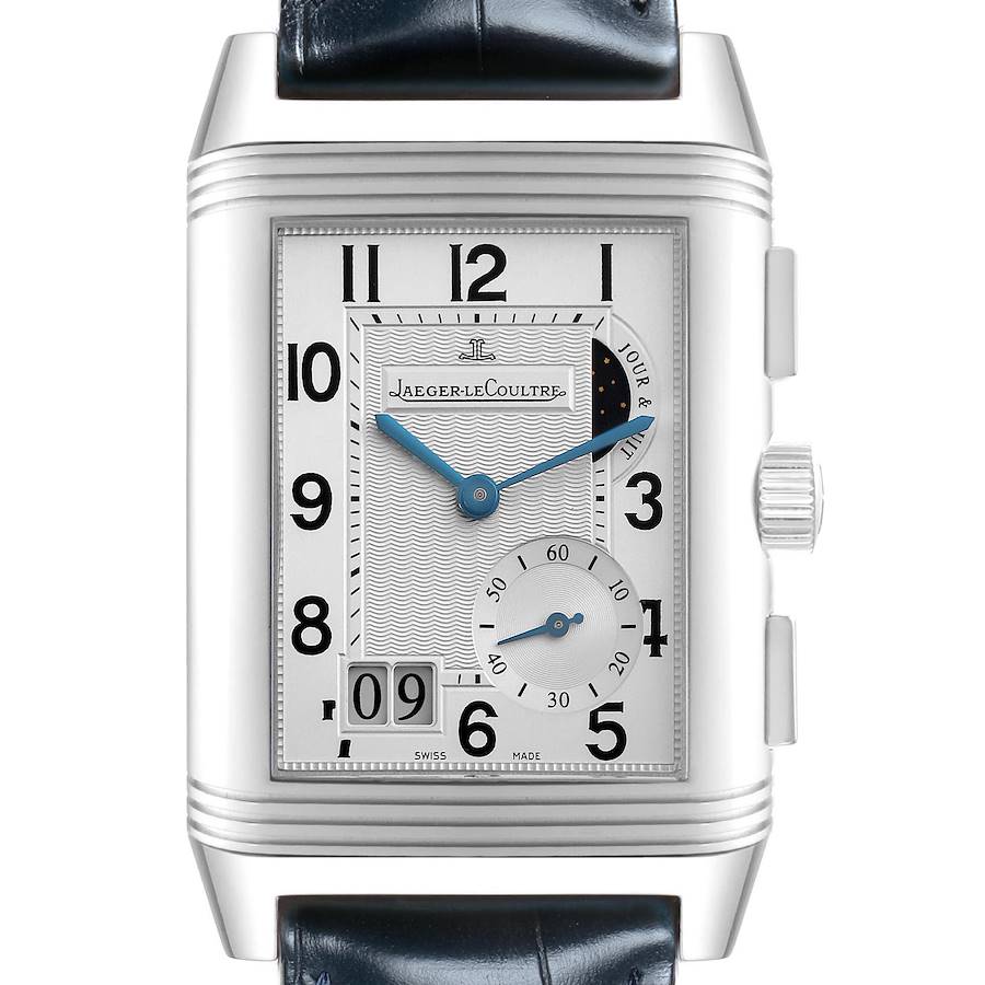 The Jaeger LeCoultre Reverso watch is shown from the front, displaying its face, dial, and crown.