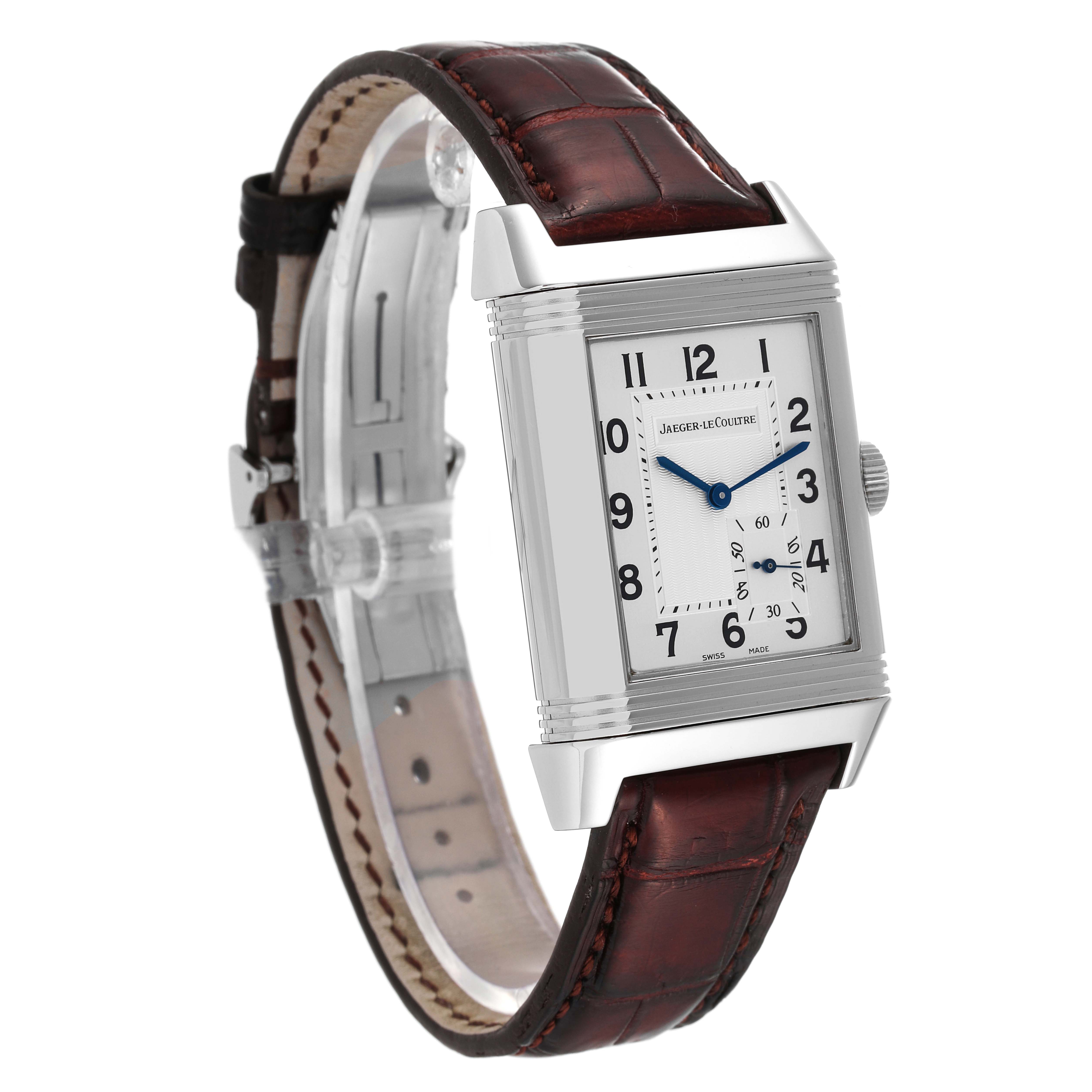 The Jaeger LeCoultre Reverso Q3018420 Men's Stainless Steel Silver Dial Q3018420 Men's Stainless Steel Silver Dial watch is shown at a slight angle, displaying the rectangular face and brown leather strap.