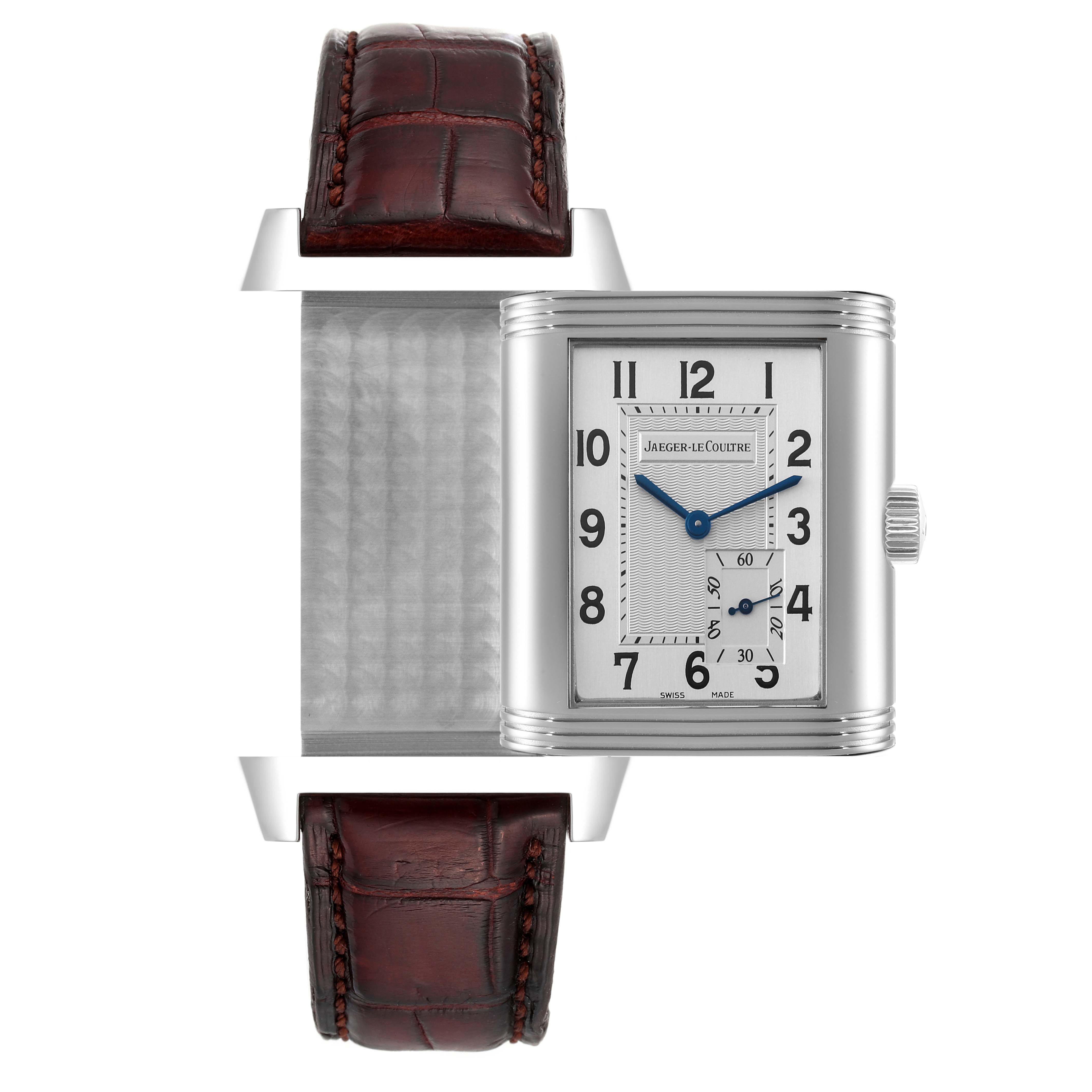 The image shows a Jaeger LeCoultre Reverso Q3018420 Men's Stainless Steel Silver Dial Q3018420 Men's Stainless Steel Silver Dial watch from a front view with its reversible face partially open and a brown leather strap.