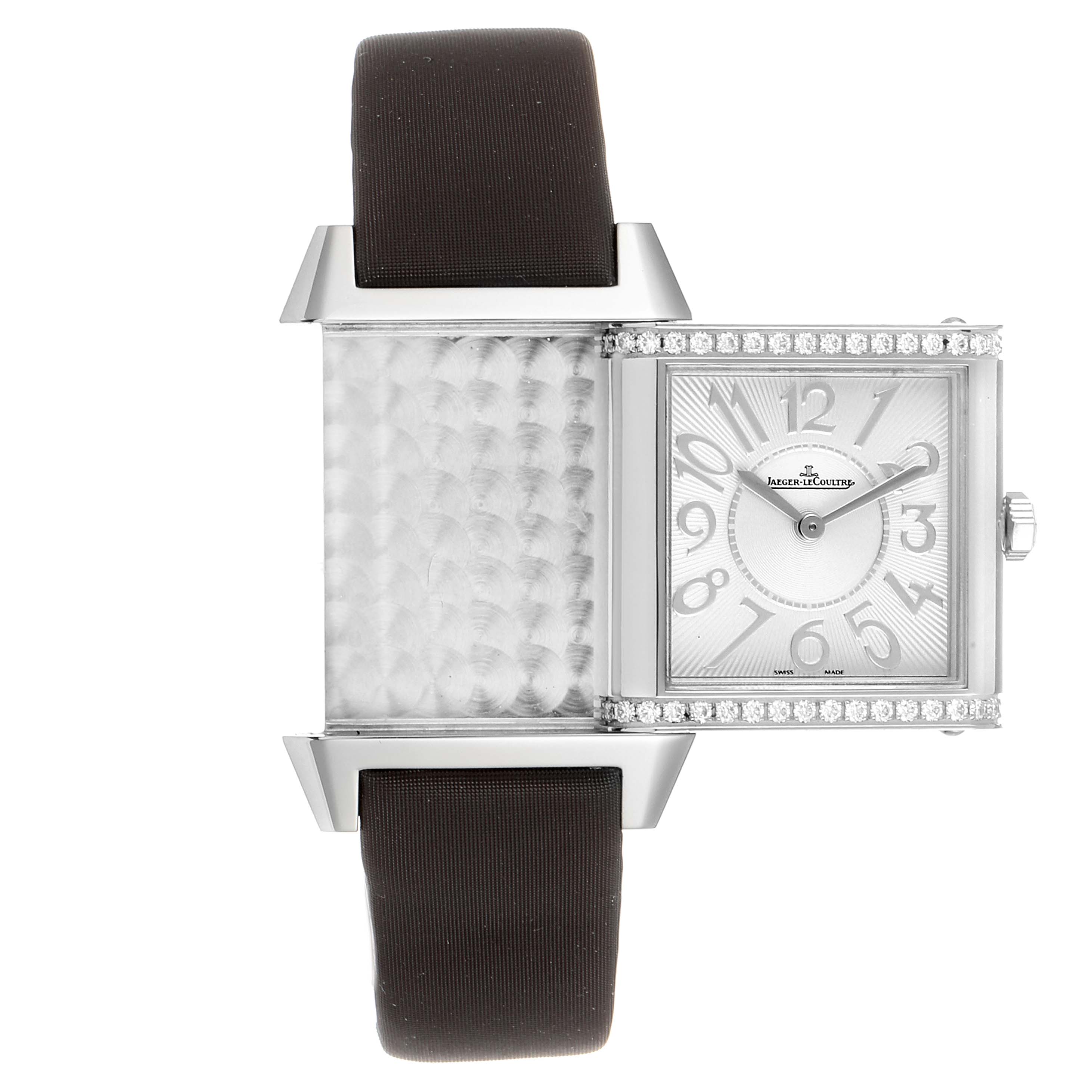 The image shows a Jaeger LeCoultre Reverso Q7038420 Women's Stainless Steel Silver Dial Q7038420 Women's Stainless Steel Silver Dial watch with its face flipped, revealing the reversible case back and the front dial.