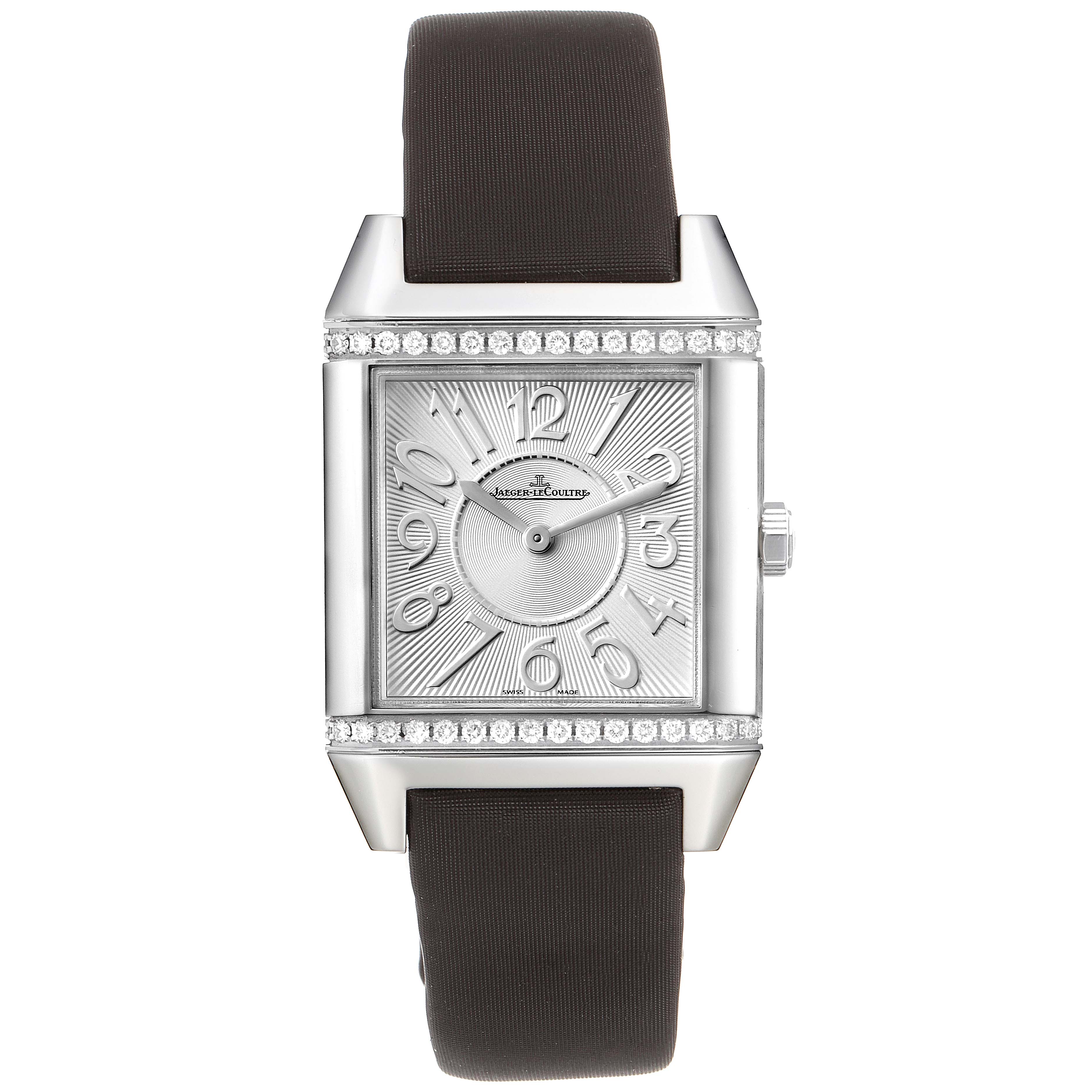 The image shows a front view of a Jaeger LeCoultre Reverso Q7038420 Women's Stainless Steel Silver Dial Q7038420 Women's Stainless Steel Silver Dial watch with a rectangular dial, silver face, black strap, and diamond accents.