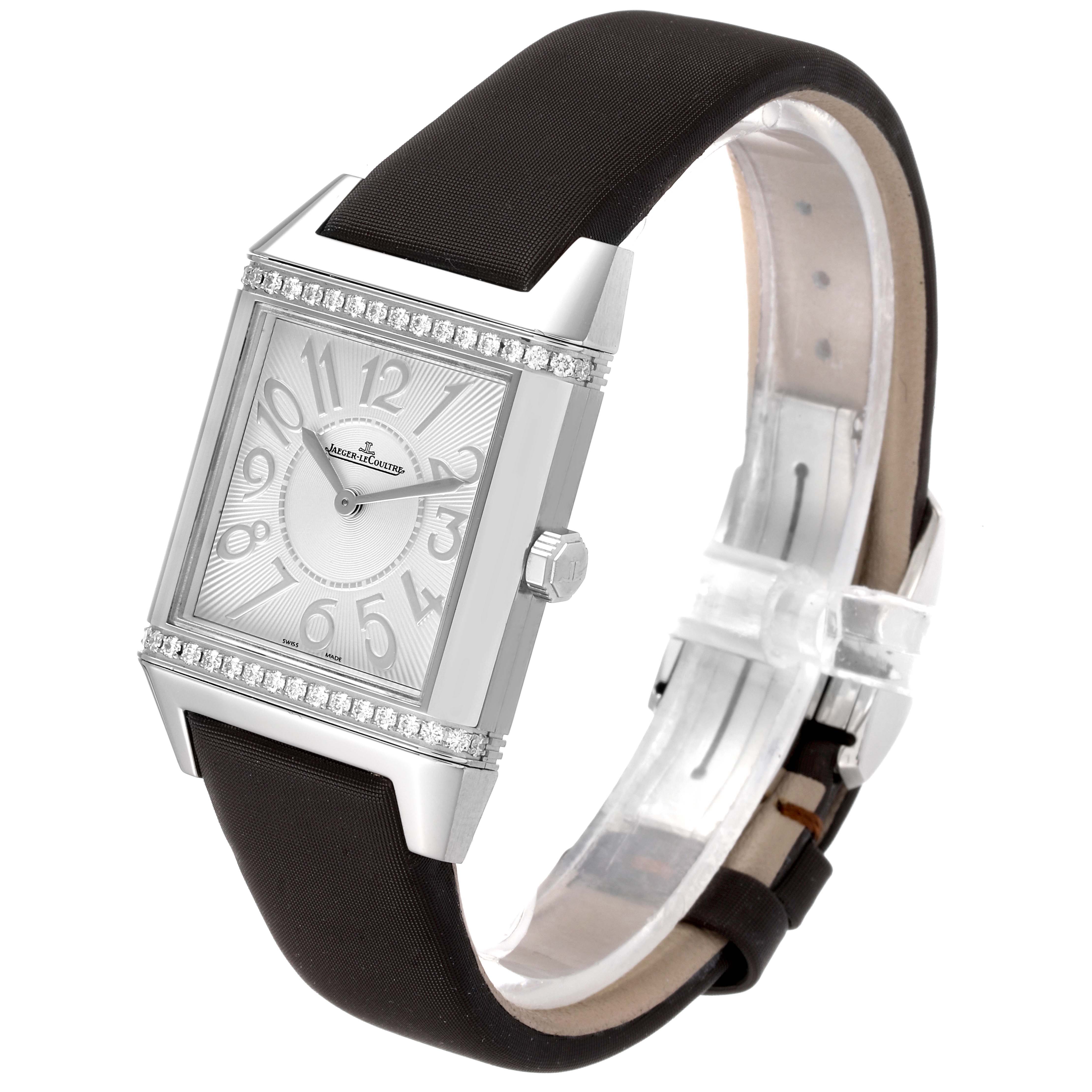 This image shows a Jaeger-LeCoultre Reverso watch at a front angle, highlighting its face, crown, and leather strap.