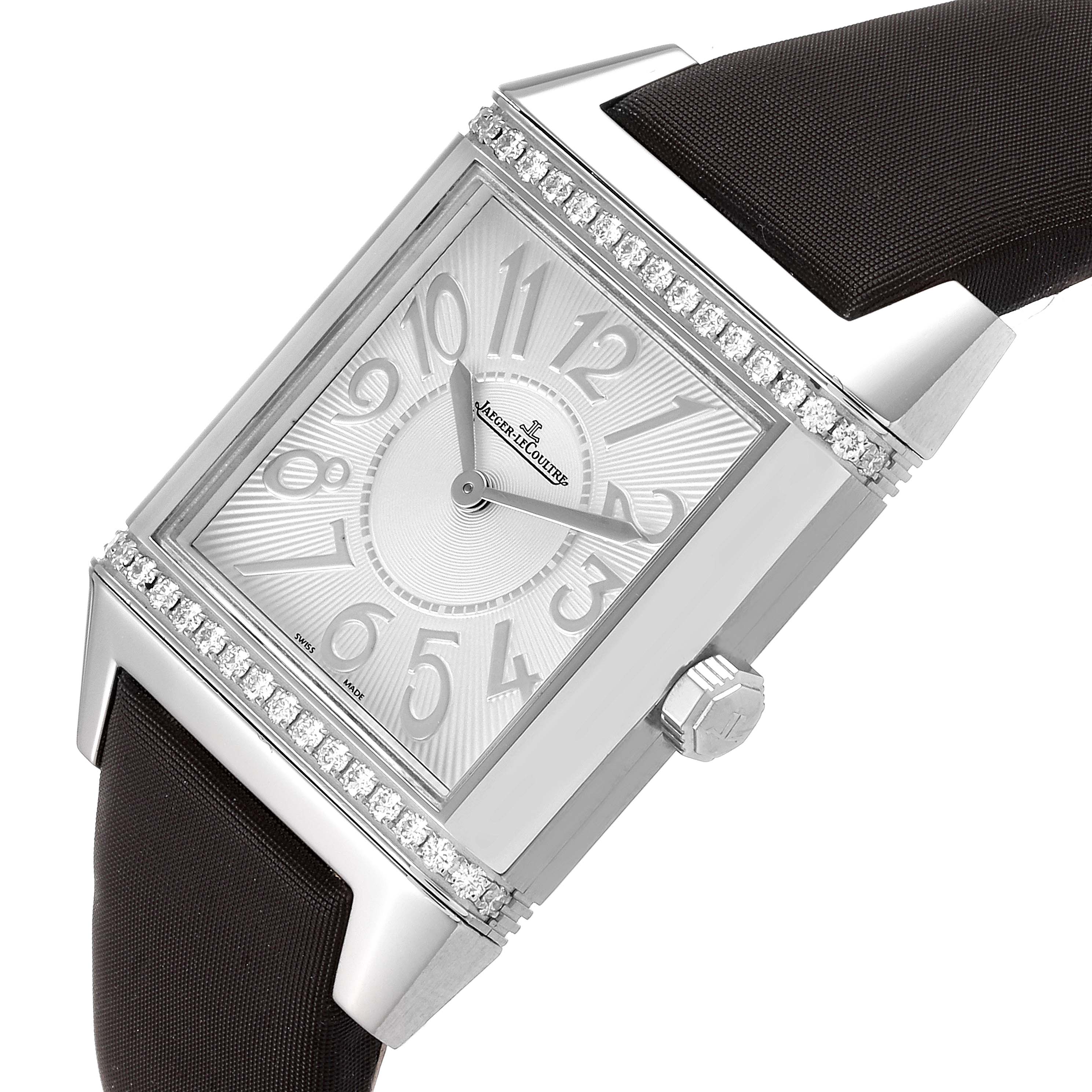 The angle shows a close-up of the Jaeger LeCoultre Reverso Q7038420 Women's Stainless Steel Silver Dial Q7038420 Women's Stainless Steel Silver Dial watch, highlighting the face, crown, and part of the strap.