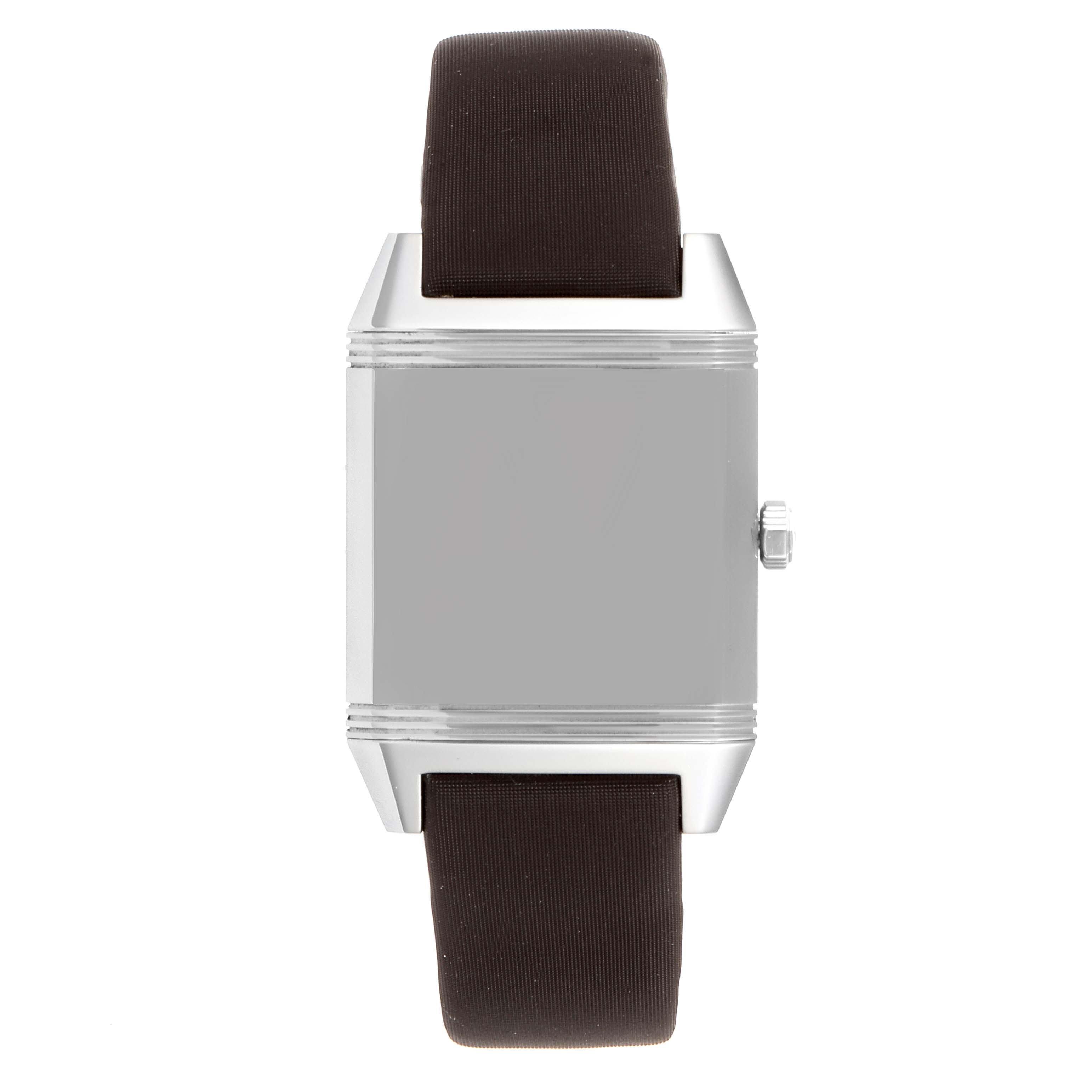 This image shows a frontal view of a Jaeger LeCoultre Reverso Q7038420 Women's Stainless Steel Silver Dial Q7038420 Women's Stainless Steel Silver Dial watch, featuring the case and crown with a brown strap.