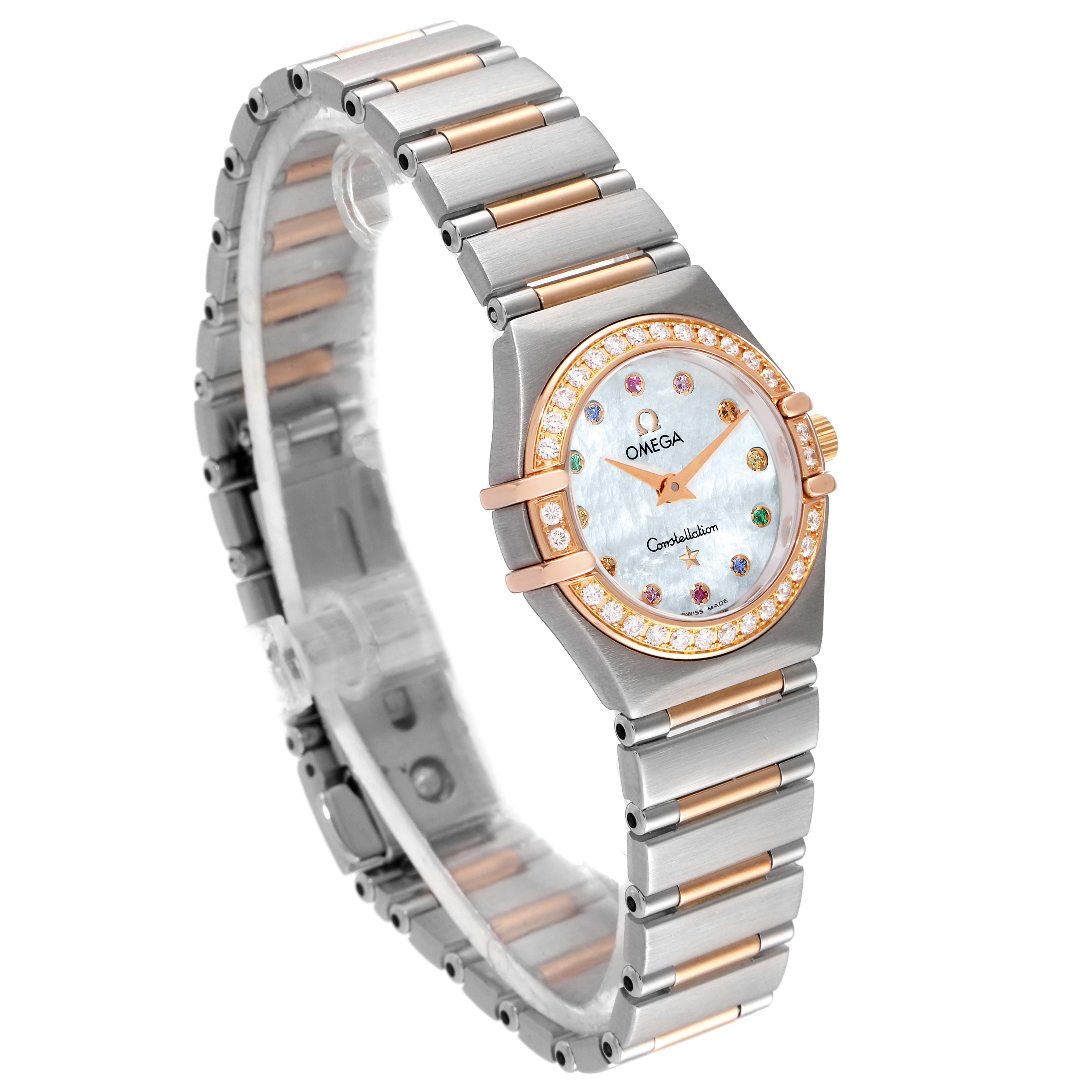 The Omega 1360.79.00 Women
s Steel and Gold (two tone) Mother of Pearl Dial 1360.79.00 Women
s Steel and Gold (two tone) Mother of Pearl Dial Constellation Iris Steel Rose Gold Mother of Pearl Ladies Watch 1360.79.00 is shown at an angled view highlighting its band and face.