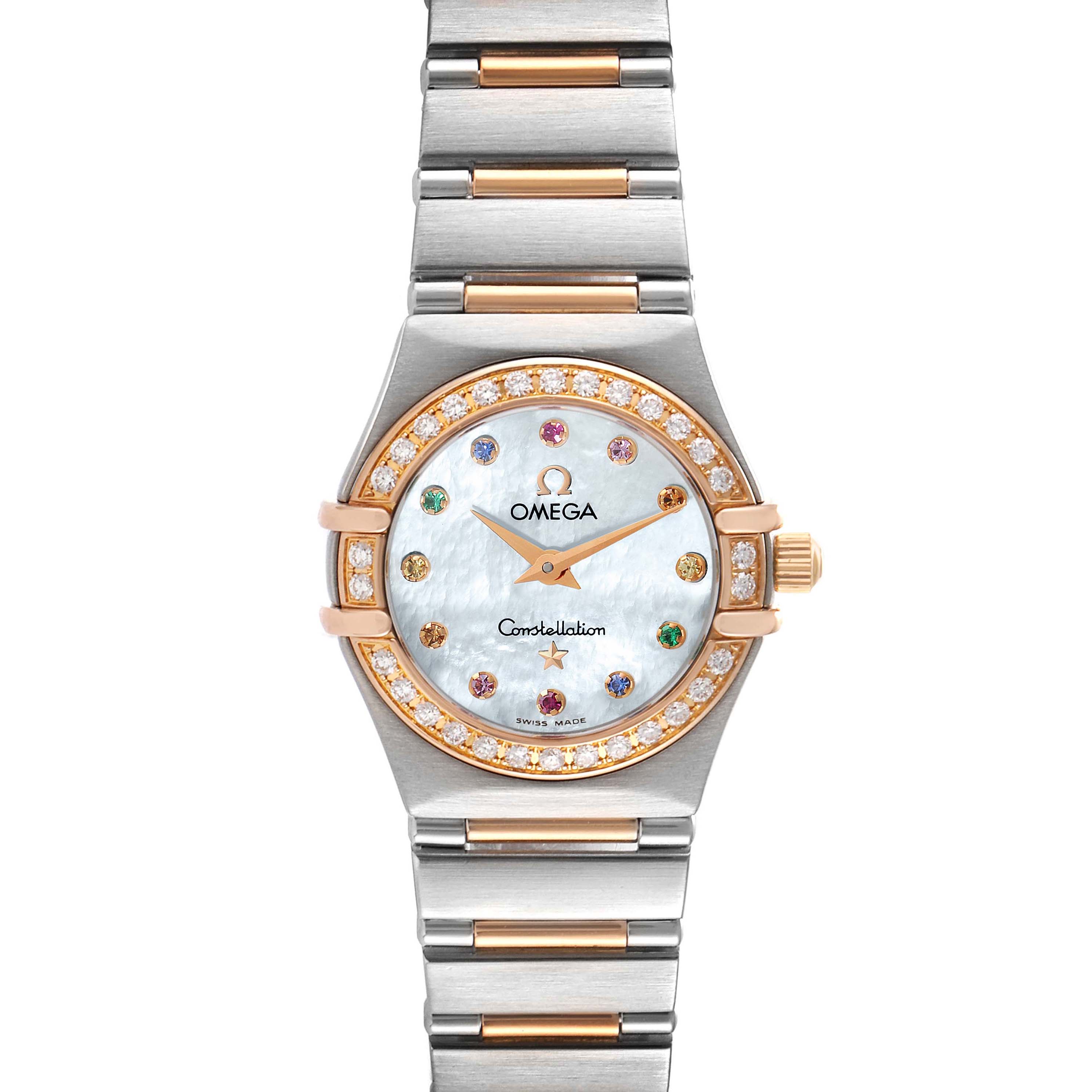 The image shows a front view of an Omega 1360.79.00 Women
s Steel and Gold (two tone) Mother of Pearl Dial 1360.79.00 Women
s Steel and Gold (two tone) Mother of Pearl Dial Constellation Iris Steel Rose Gold Mother of Pearl Ladies Watch, model 1360.79.00.