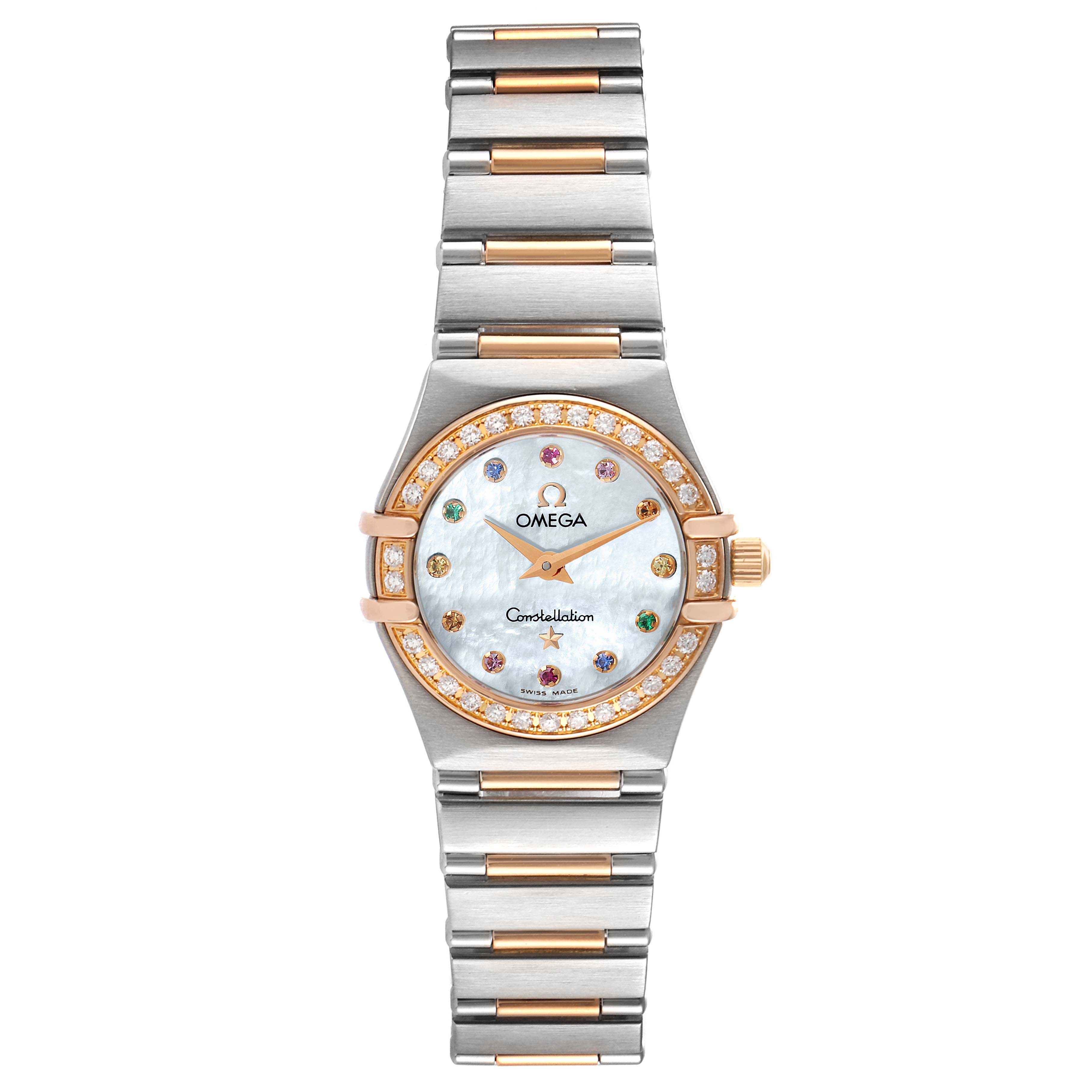 The image shows an Omega 1360.79.00 Women
s Steel and Gold (two tone) Mother of Pearl Dial 1360.79.00 Women
s Steel and Gold (two tone) Mother of Pearl Dial Constellation Iris Steel Rose Gold Ladies Watch 1360.79.00 from a front view, highlighting the face and bracelet.