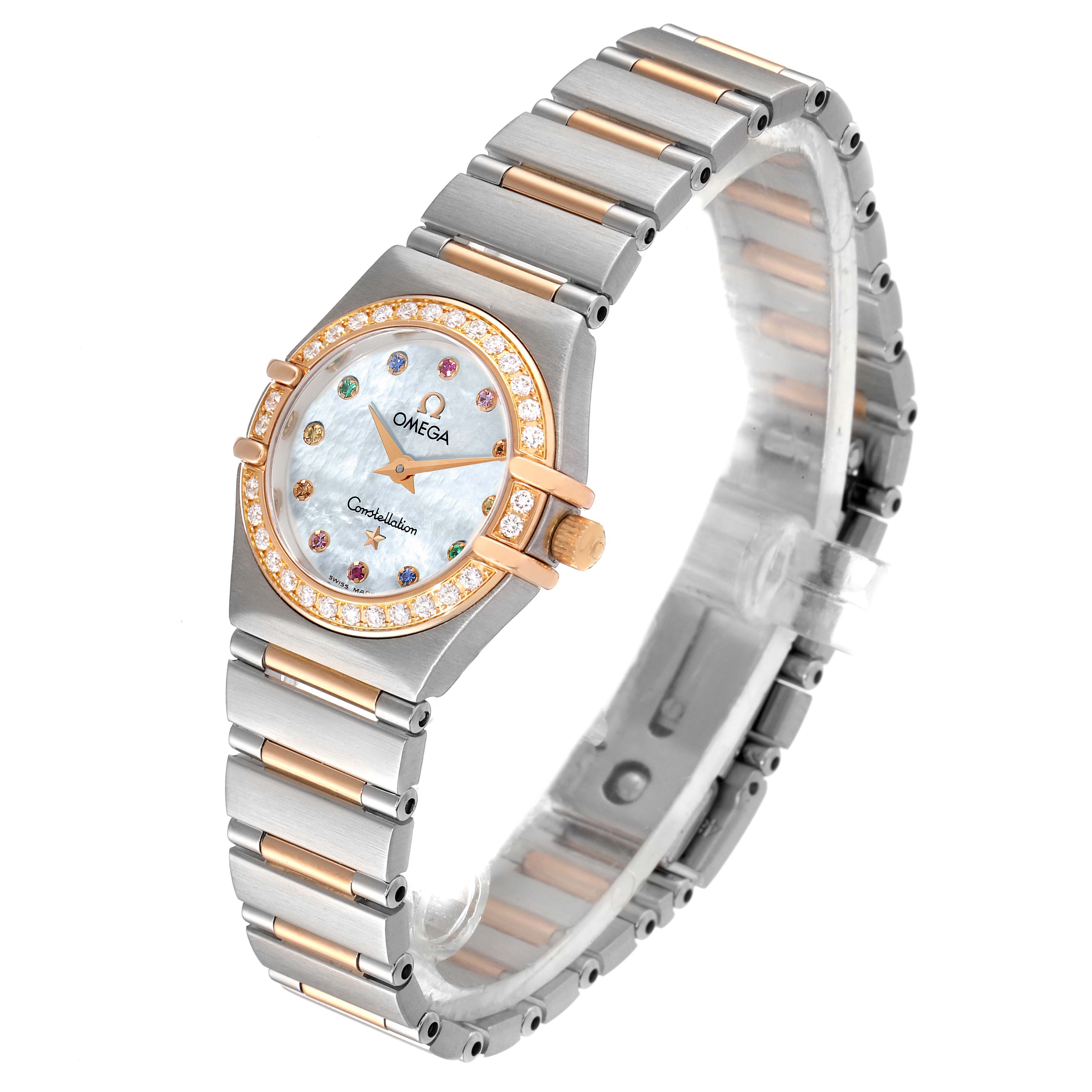 This image shows an angled front view of the Omega 1360.79.00 Women
s Steel and Gold (two tone) Mother of Pearl Dial 1360.79.00 Women
s Steel and Gold (two tone) Mother of Pearl Dial Constellation Iris Steel Rose Gold Mother of Pearl Ladies Watch 1360.79.00, highlighting its face, bezel, and bracelet.