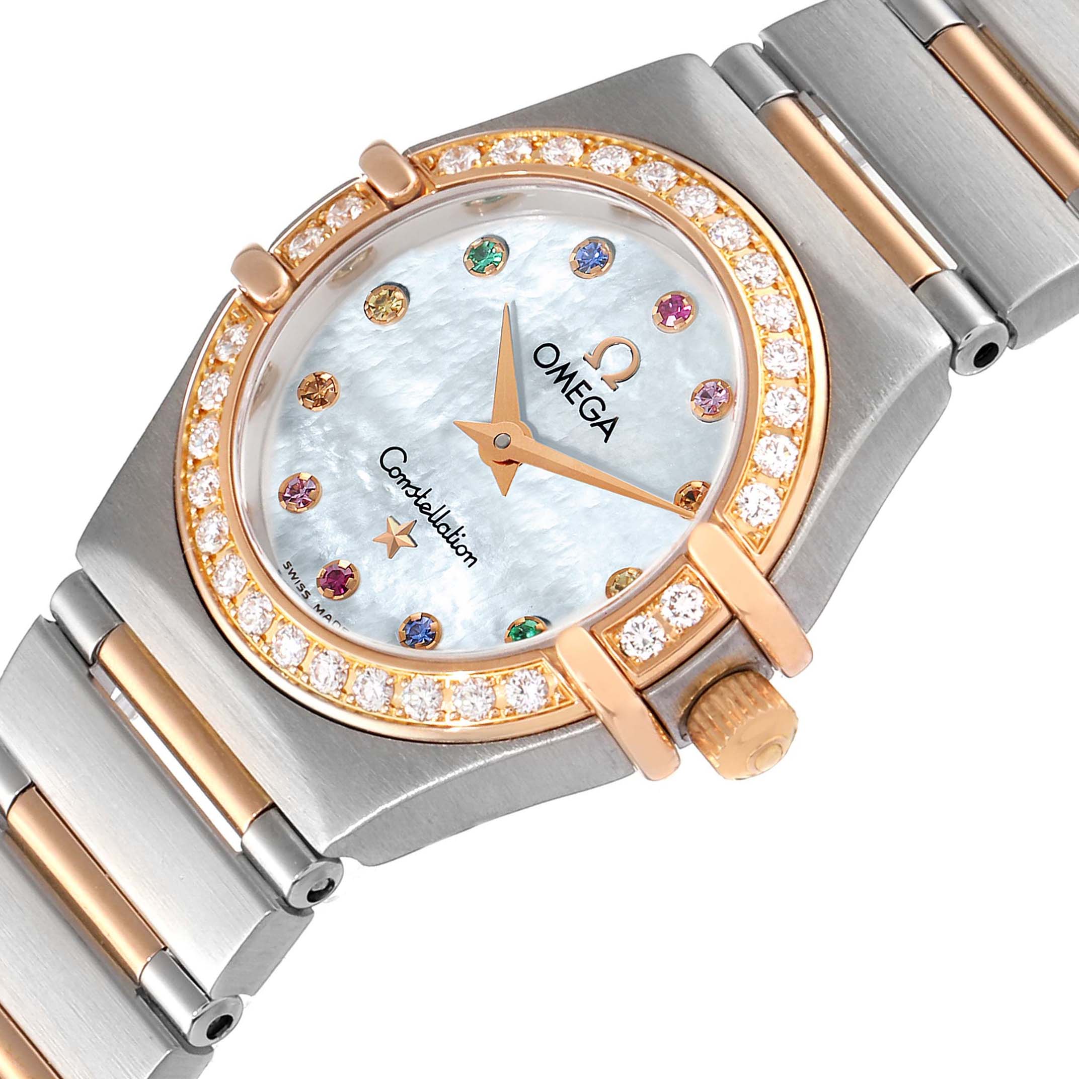 This image shows the face and part of the band of the Omega 1360.79.00 Women
s Steel and Gold (two tone) Mother of Pearl Dial 1360.79.00 Women
s Steel and Gold (two tone) Mother of Pearl Dial Constellation Iris Steel Rose Gold Mother of Pearl Ladies Watch 1360.79.00.