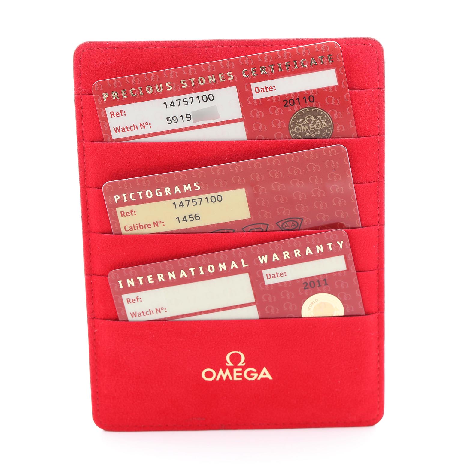 The image shows a red cardholder with three cards for the Omega 1475.71.00 Women's Stainless Steel Mother of Pearl Dial 1475.71.00 Women's Stainless Steel Mother of Pearl Dial Constellation My Choice Diamond Steel Ladies Watch 1475.71.00 model.