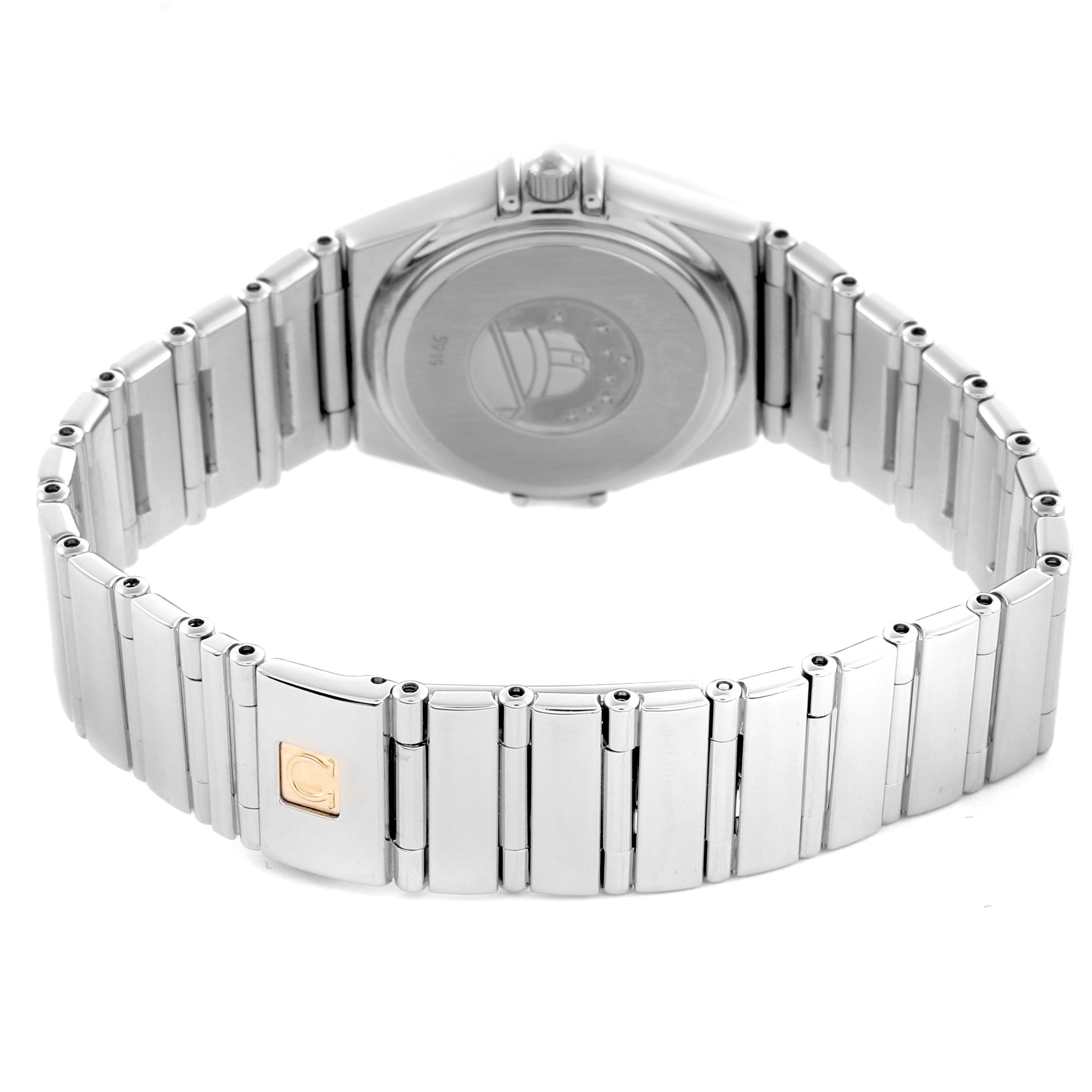 The image shows the back view of the Omega 1475.71.00 Women's Stainless Steel Mother of Pearl Dial 1475.71.00 Women's Stainless Steel Mother of Pearl Dial Constellation My Choice Diamond Steel Ladies Watch 1475.71.00, focusing on the bracelet and clasp.