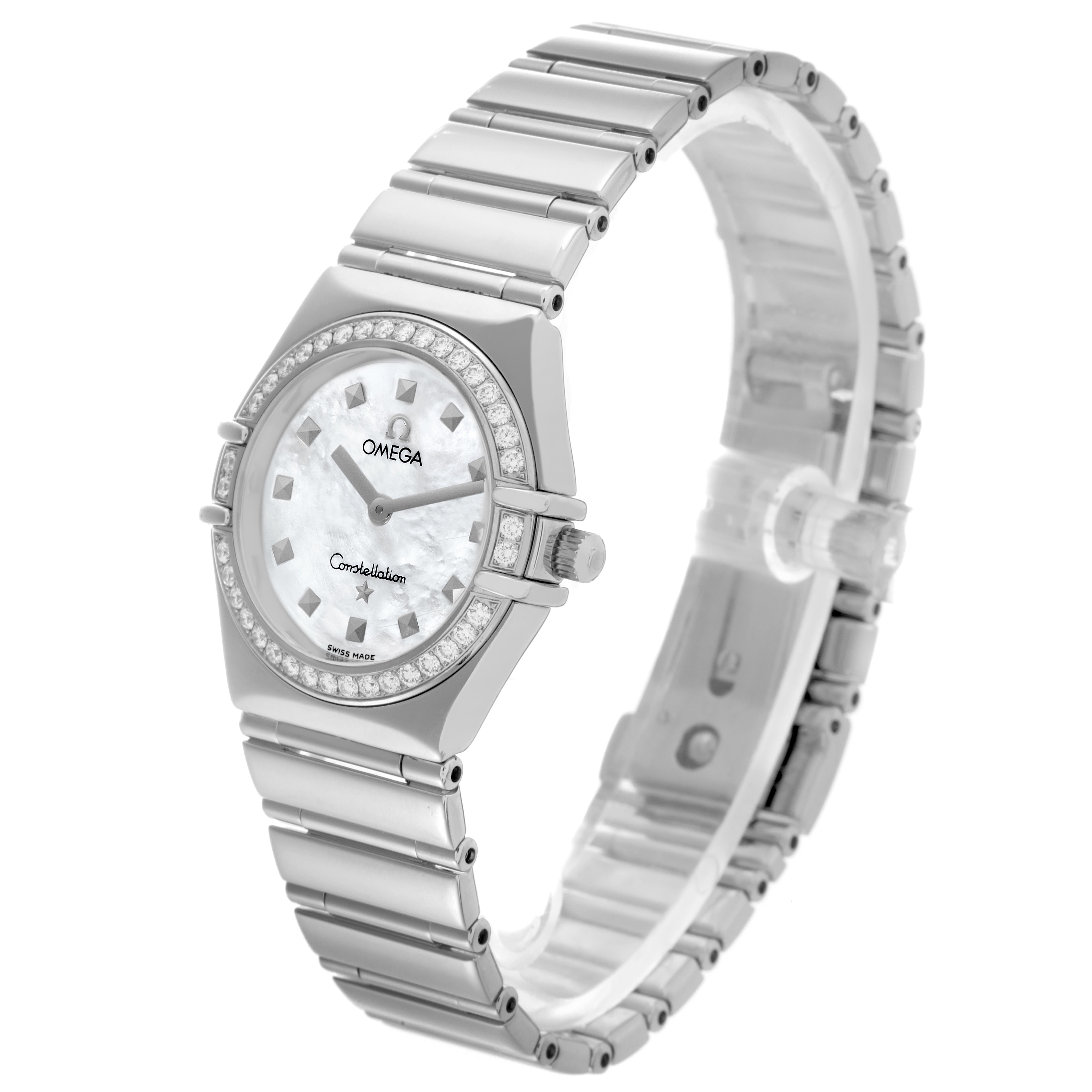 The Omega 1475.71.00 Women's Stainless Steel Mother of Pearl Dial 1475.71.00 Women's Stainless Steel Mother of Pearl Dial Constellation My Choice watch is shown at a side angle, displaying the dial, bracelet, and diamond-set bezel.