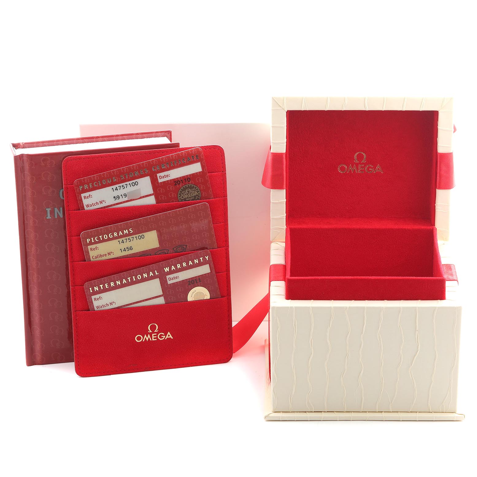 The image shows an Omega 1475.71.00 Women's Stainless Steel Mother of Pearl Dial 1475.71.00 Women's Stainless Steel Mother of Pearl Dial Constellation My Choice Diamond Steel Ladies Watch 1475.71.00 box, cards, and documentation.