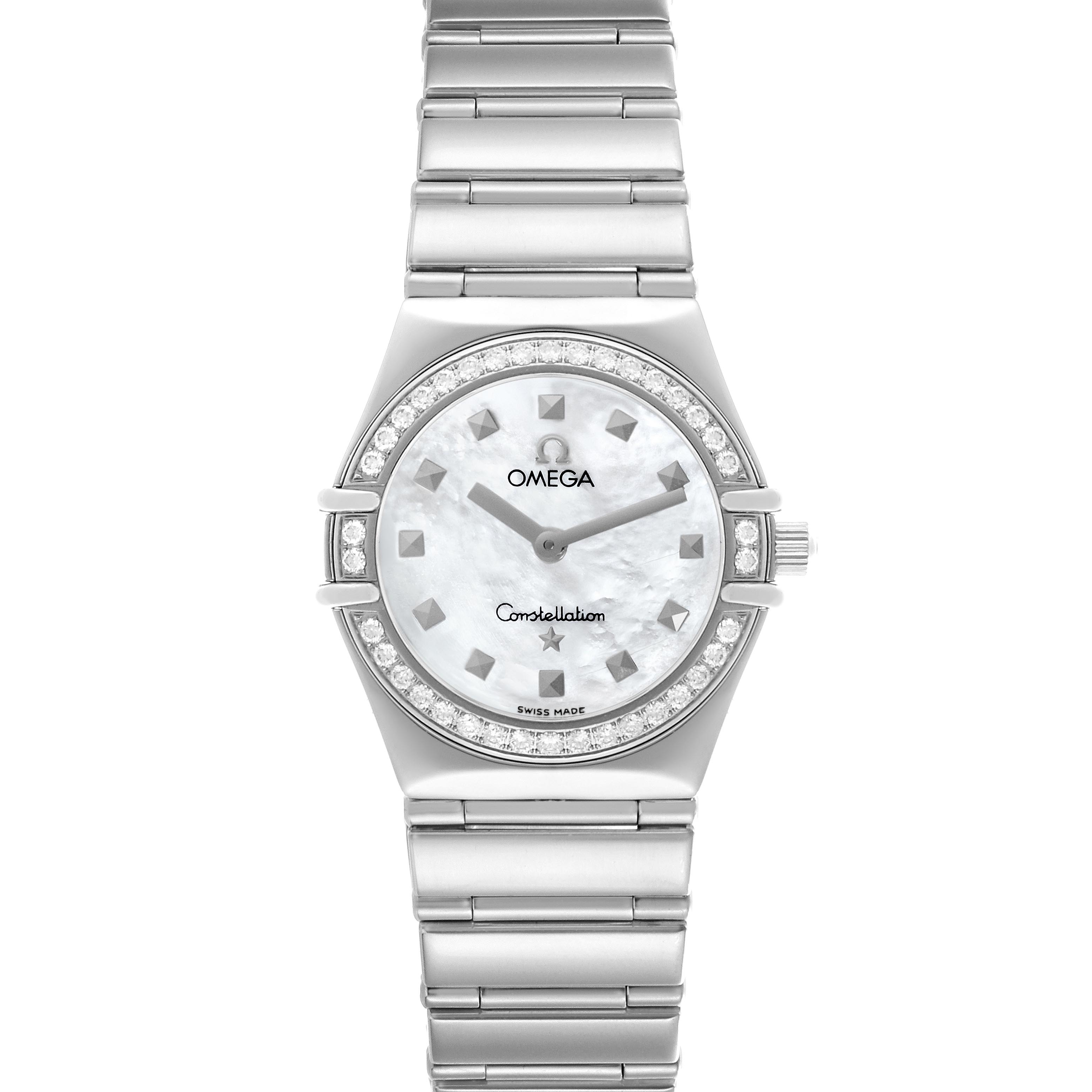 The Omega 1475.71.00 Women's Stainless Steel Mother of Pearl Dial 1475.71.00 Women's Stainless Steel Mother of Pearl Dial Constellation My Choice Diamond Steel Ladies Watch 1475.71.00 is shown from a front angle, displaying the face, bezel, and bracelet.