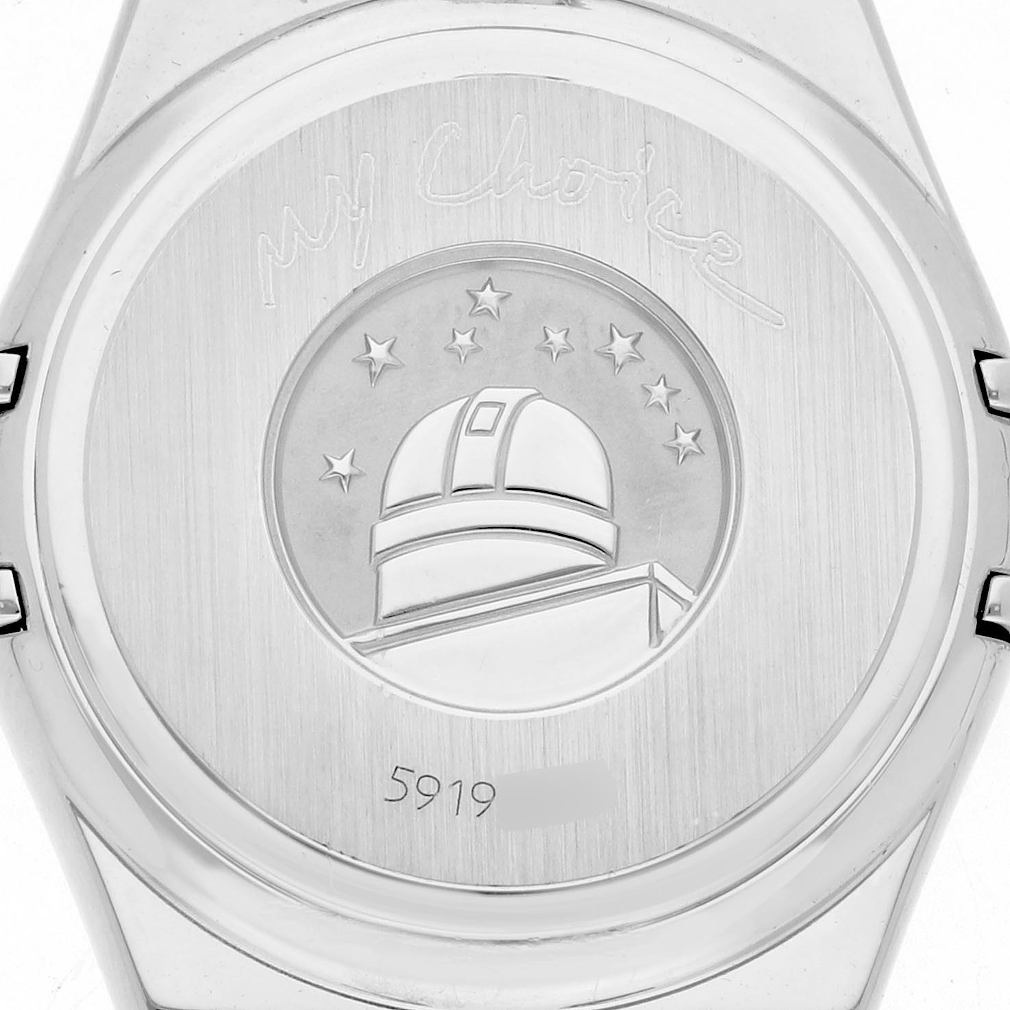 The image shows the engraved case back of the Omega 1475.71.00 Women's Stainless Steel Mother of Pearl Dial 1475.71.00 Women's Stainless Steel Mother of Pearl Dial Constellation My Choice Diamond Steel Ladies Watch 1475.71.00.