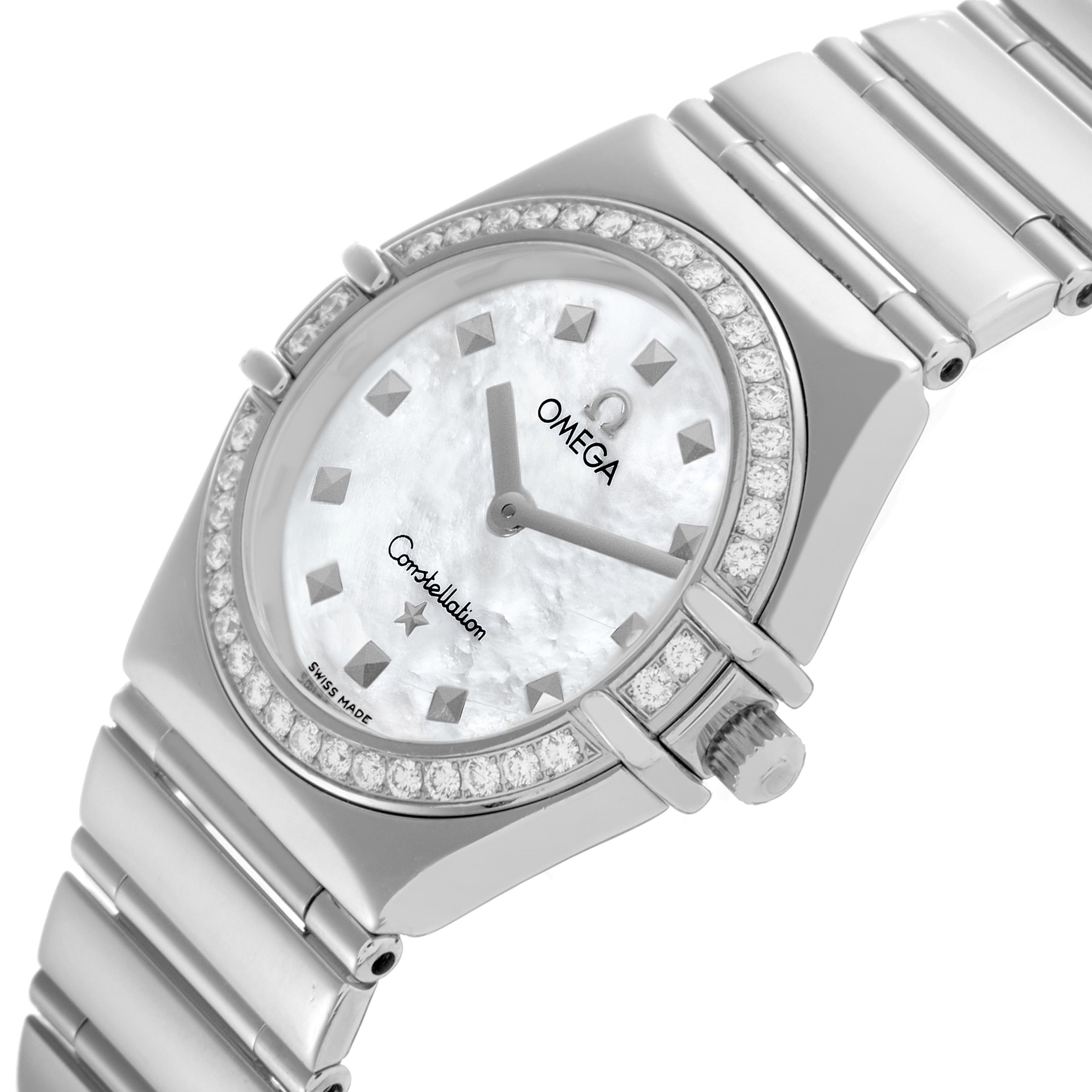 The Omega 1475.71.00 Women's Stainless Steel Mother of Pearl Dial 1475.71.00 Women's Stainless Steel Mother of Pearl Dial Constellation My Choice watch is shown from an angled view, displaying its diamond-studded bezel and face.