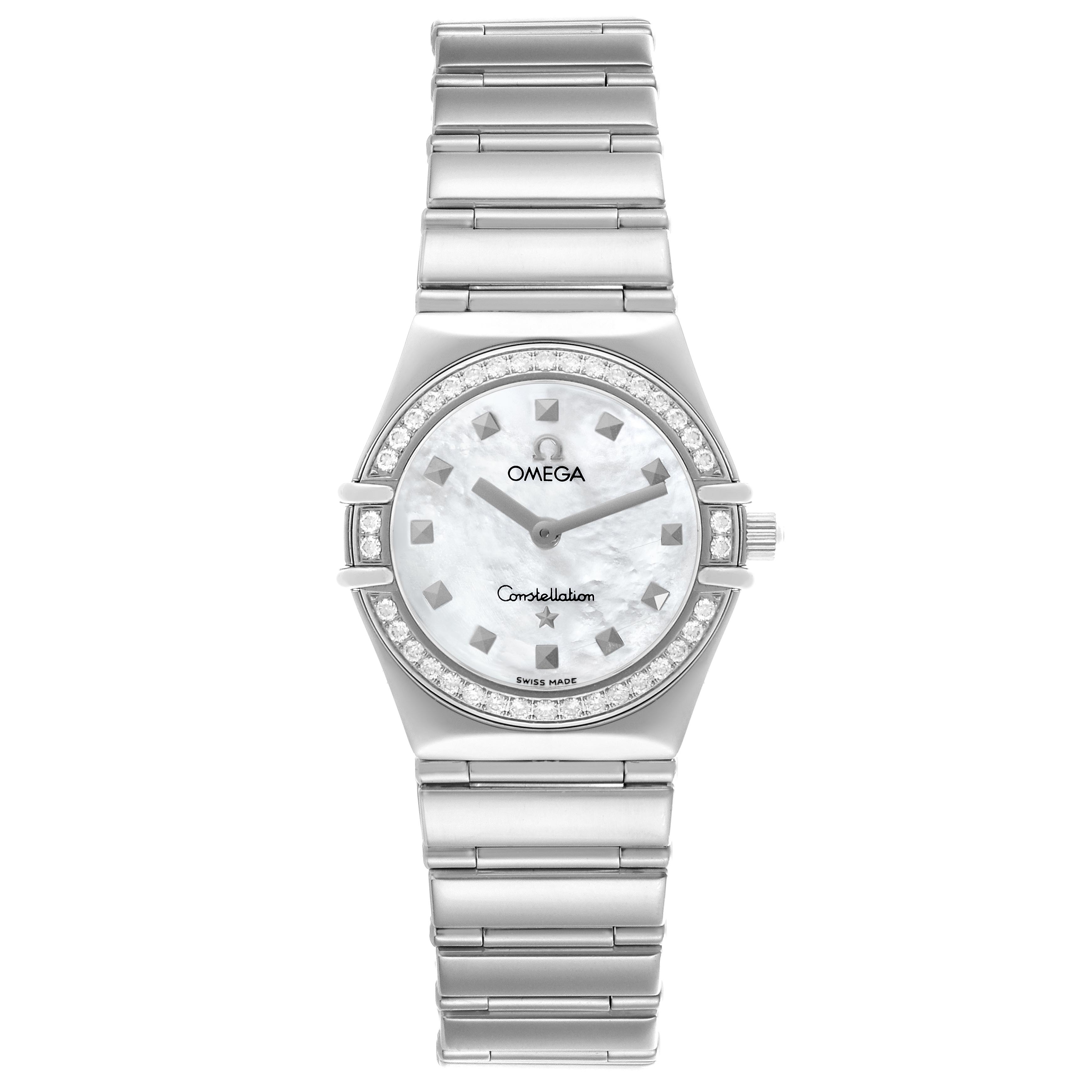 The Omega 1475.71.00 Women's Stainless Steel Mother of Pearl Dial 1475.71.00 Women's Stainless Steel Mother of Pearl Dial Constellation My Choice Diamond Steel Ladies Watch 1475.71.00 is shown from a front angle, highlighting its face and bracelet.