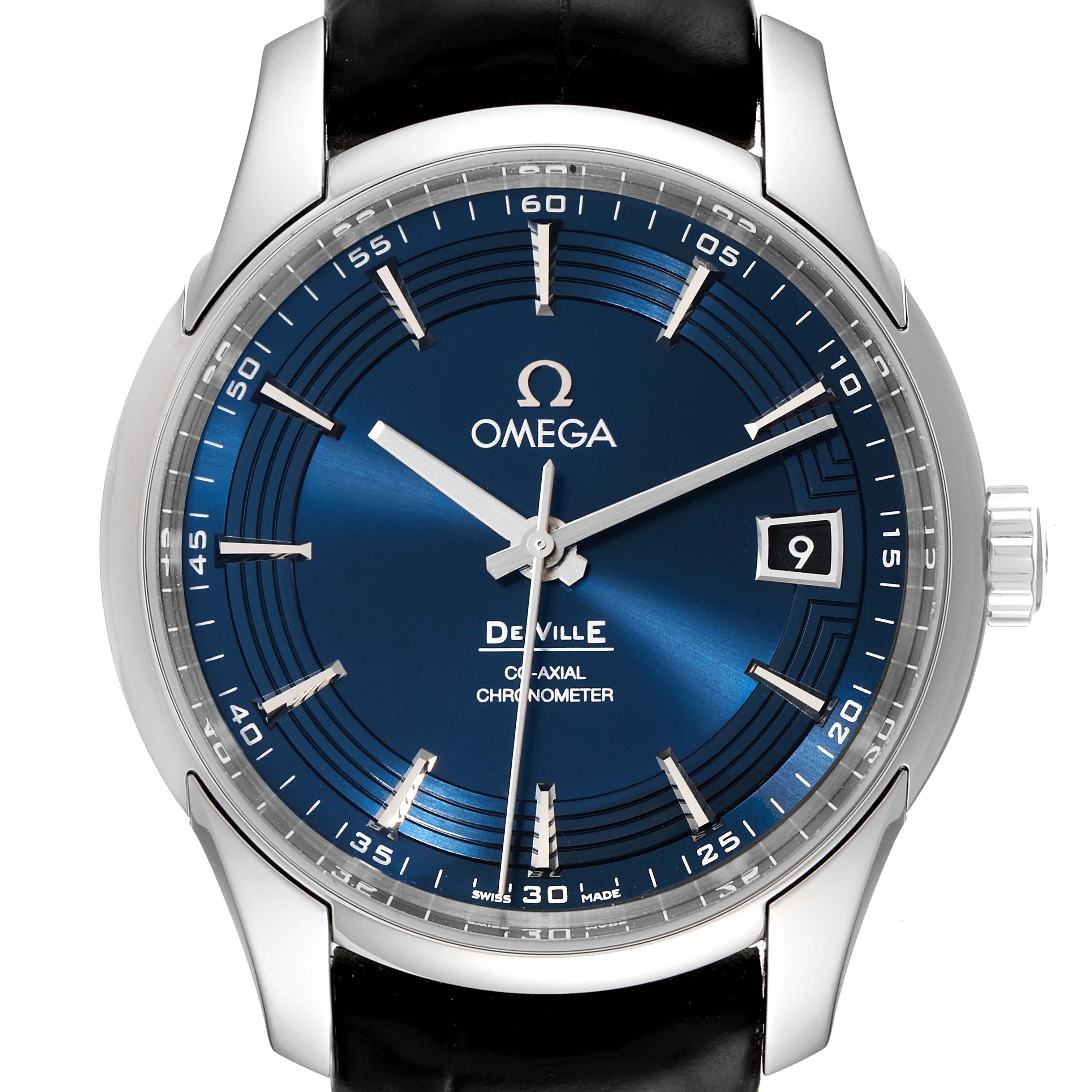 The Omega De Ville 431.33.41.21.03.001 Men's Stainless Steel Blue Dial 431.33.41.21.03.001 Men's Stainless Steel Blue Dial watch is shown from the front, displaying the dial, hands, crown, and part of the strap.