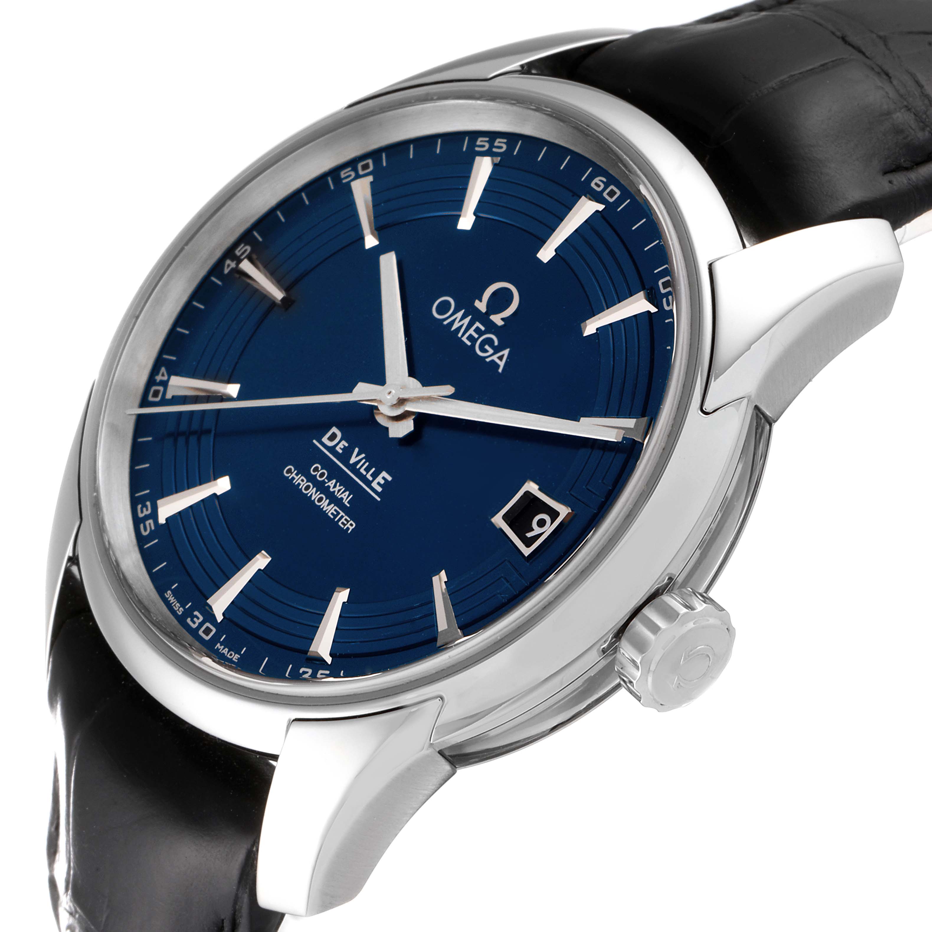 The image shows an angled view of the face and crown of an Omega De Ville 431.33.41.21.03.001 Men's Stainless Steel Blue Dial 431.33.41.21.03.001 Men's Stainless Steel Blue Dial watch with a blue dial and black leather strap.