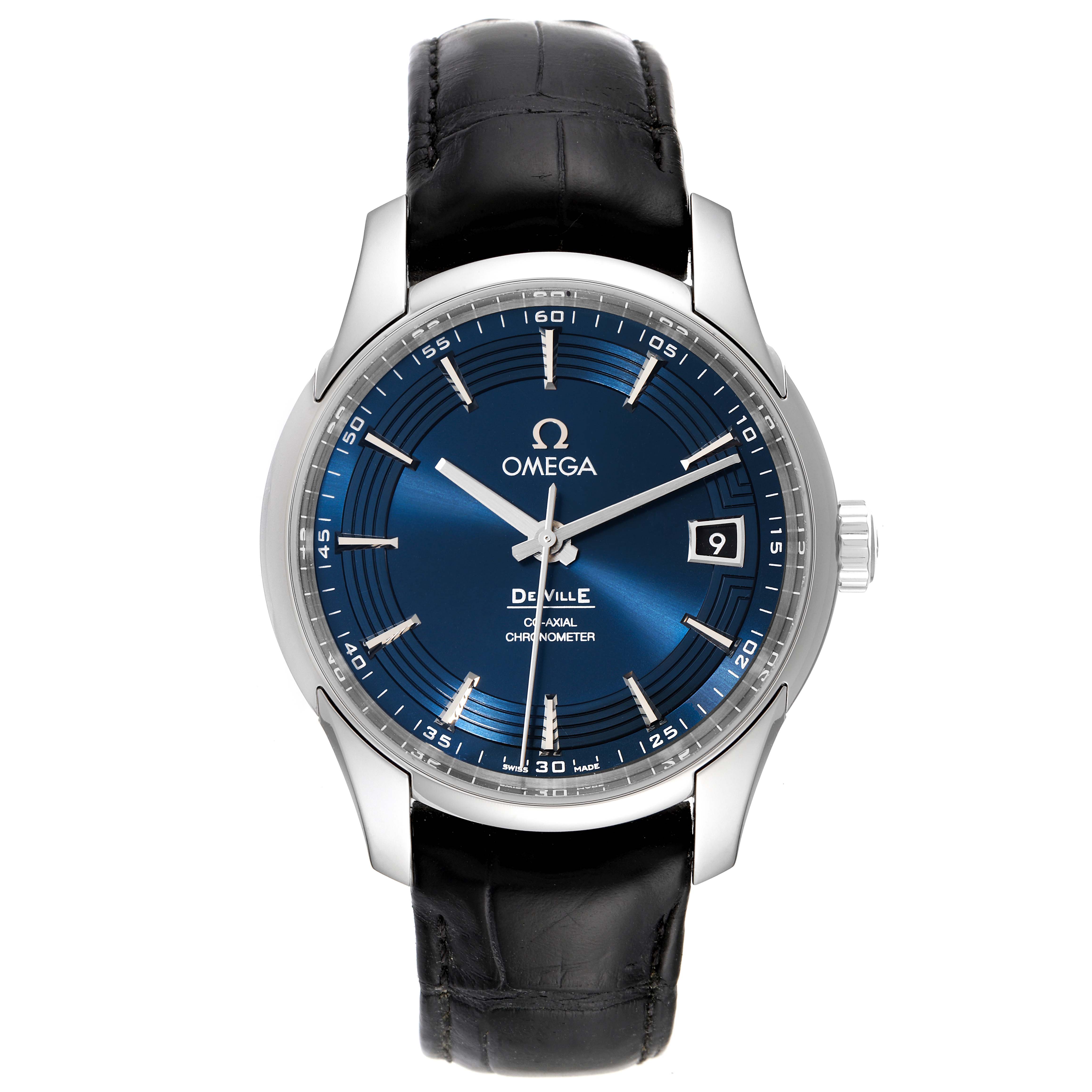 The image shows a frontal view of the Omega De Ville 431.33.41.21.03.001 Men's Stainless Steel Blue Dial 431.33.41.21.03.001 Men's Stainless Steel Blue Dial watch, highlighting its blue dial, date window, and black leather strap.