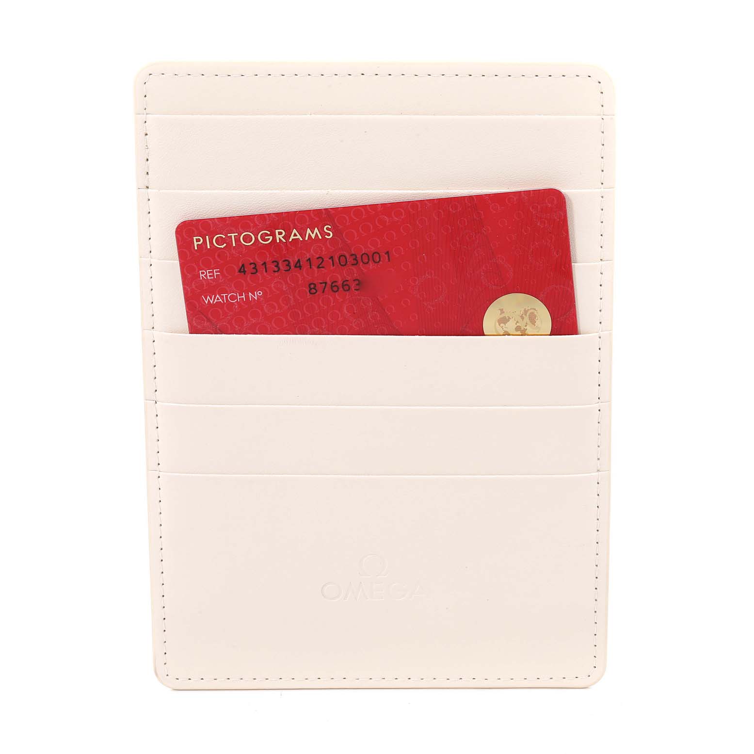 The image shows an Omega De Ville 431.33.41.21.03.001 Men's Stainless Steel Blue Dial 431.33.41.21.03.001 Men's Stainless Steel Blue Dial model watch accessory, specifically a cardholder with a red Pictograms card inserted.