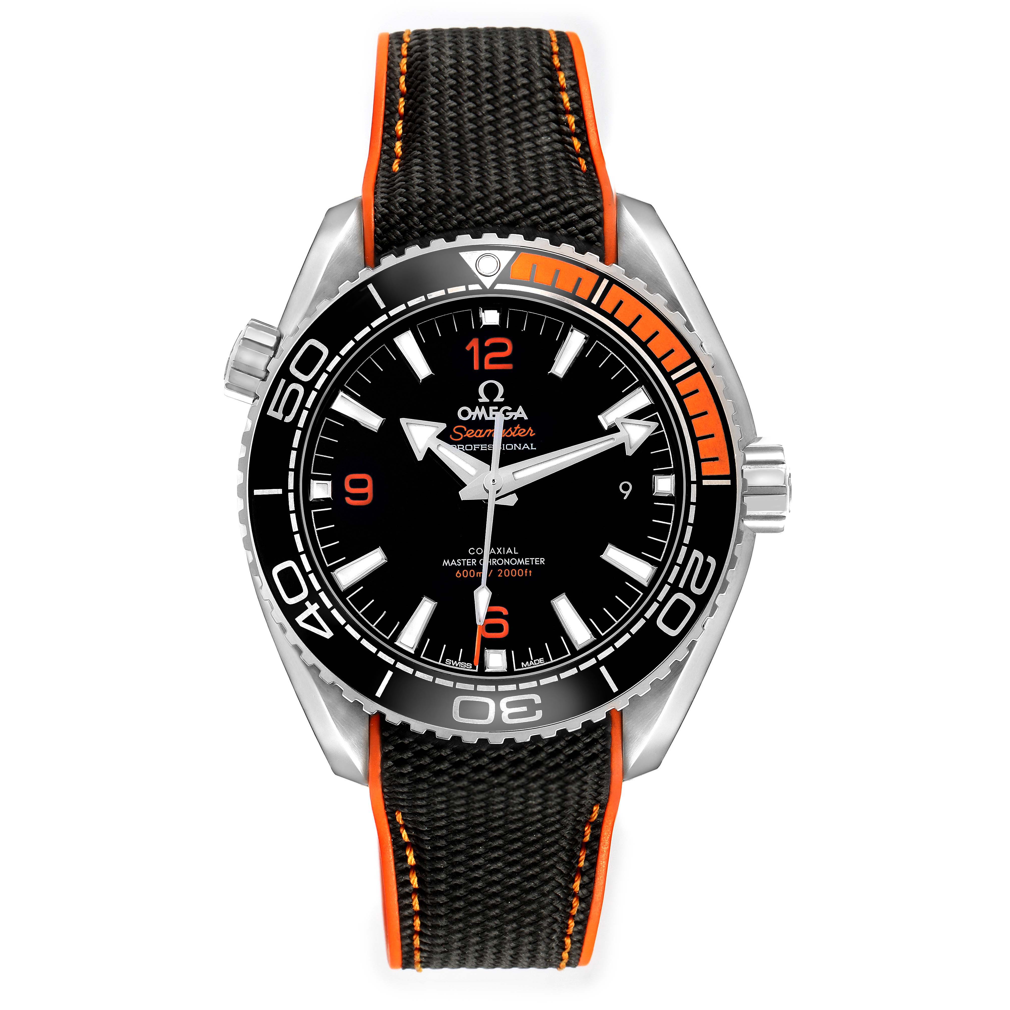 The Omega Planet Ocean 215.32.44.21.01.001 Men's Stainless Steel Black Dial watch is shown from the front, highlighting the dial, bezel, and strap with orange accents.