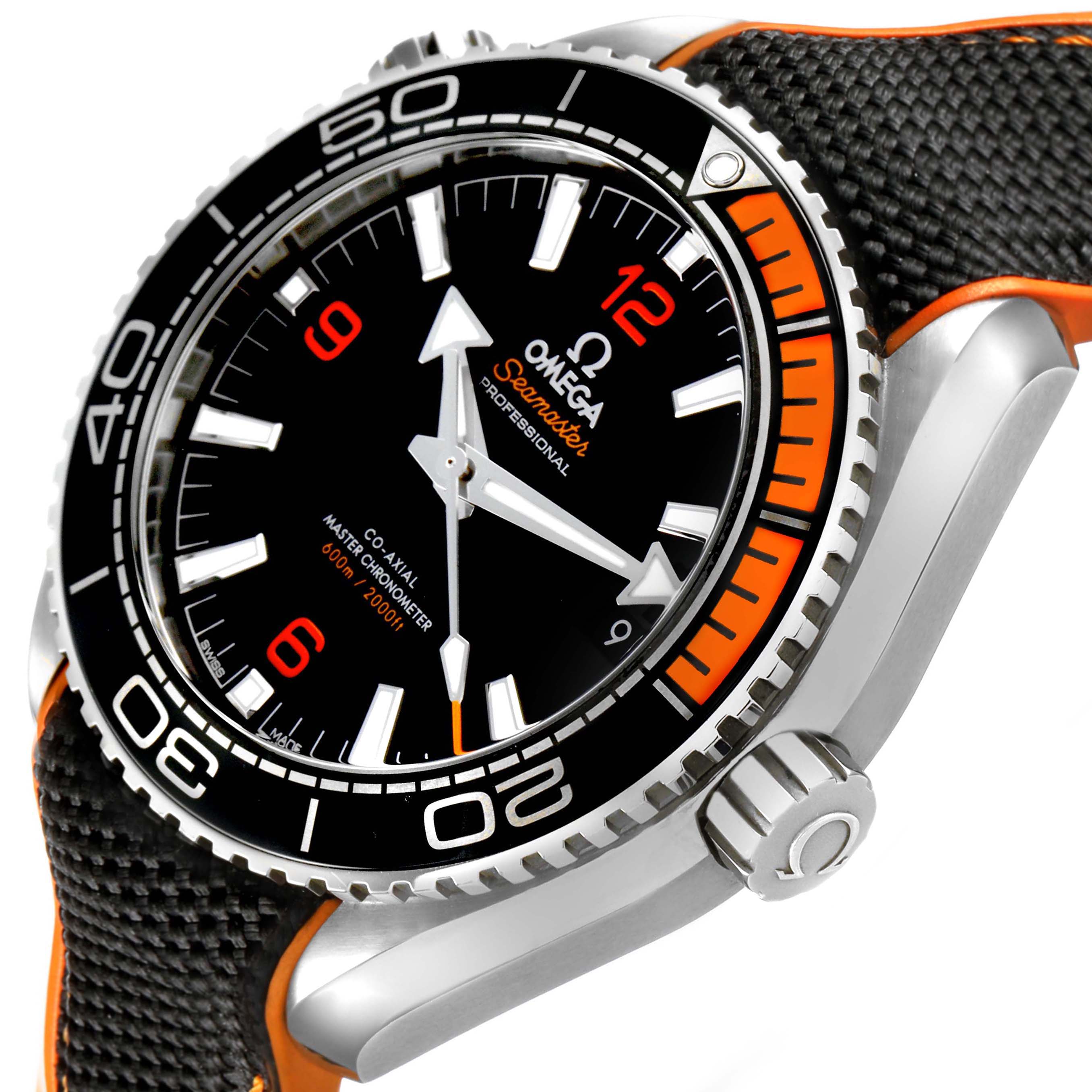 The Omega Planet Ocean 215.32.44.21.01.001 Men's Stainless Steel Black Dial watch is shown at an angle highlighting the bezel, crown, and part of the strap.