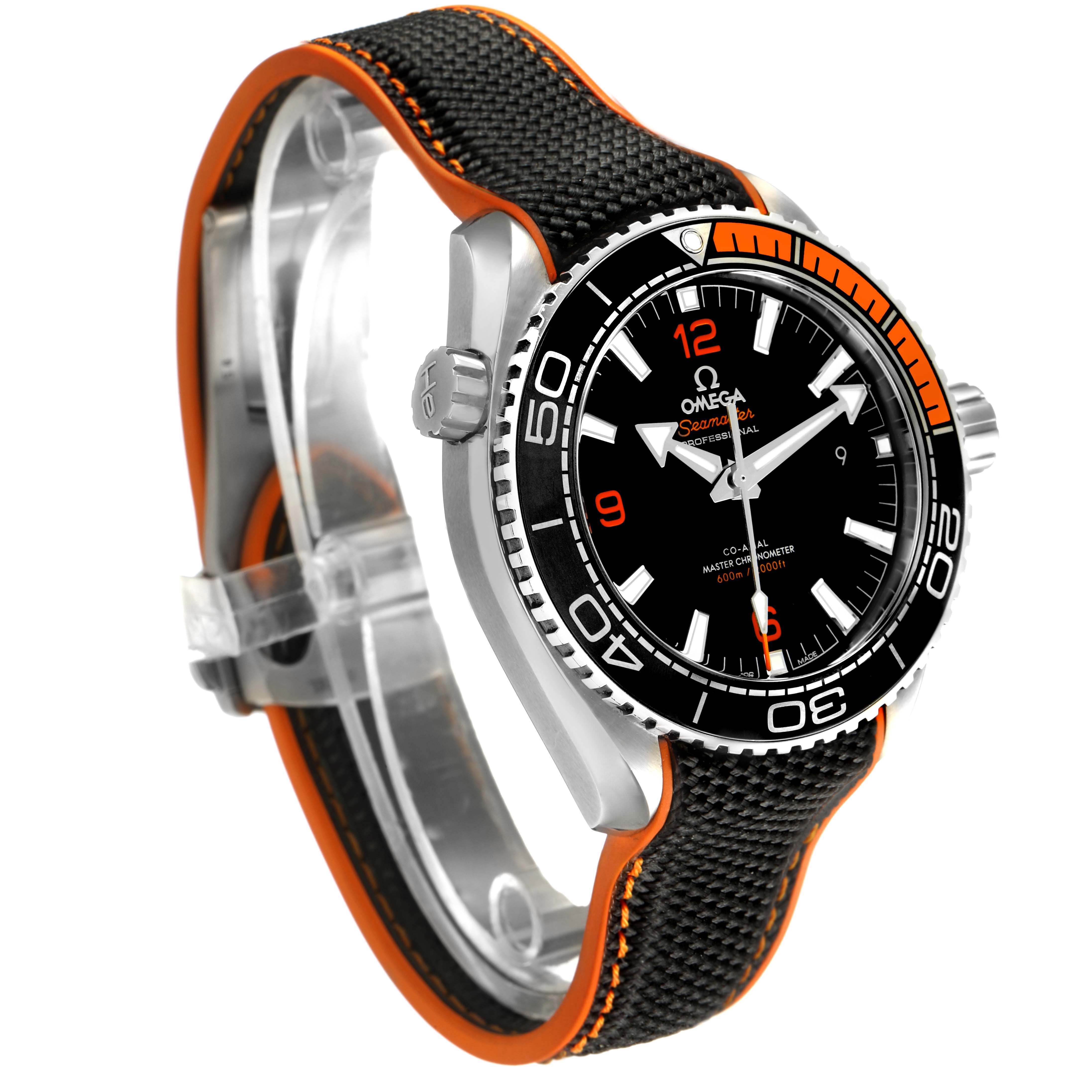 The Omega Planet Ocean 215.32.44.21.01.001 Men's Stainless Steel Black Dial watch is shown at a three-quarter angle, highlighting the face, bezel, crown, and strap.