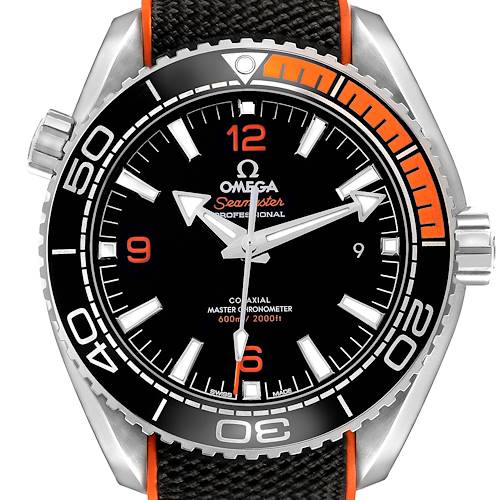 The Omega Planet Ocean 215.32.44.21.01.001 Men's Stainless Steel Black Dial watch is shown from a frontal angle, displaying the face, bezel, crown, and part of the strap.
