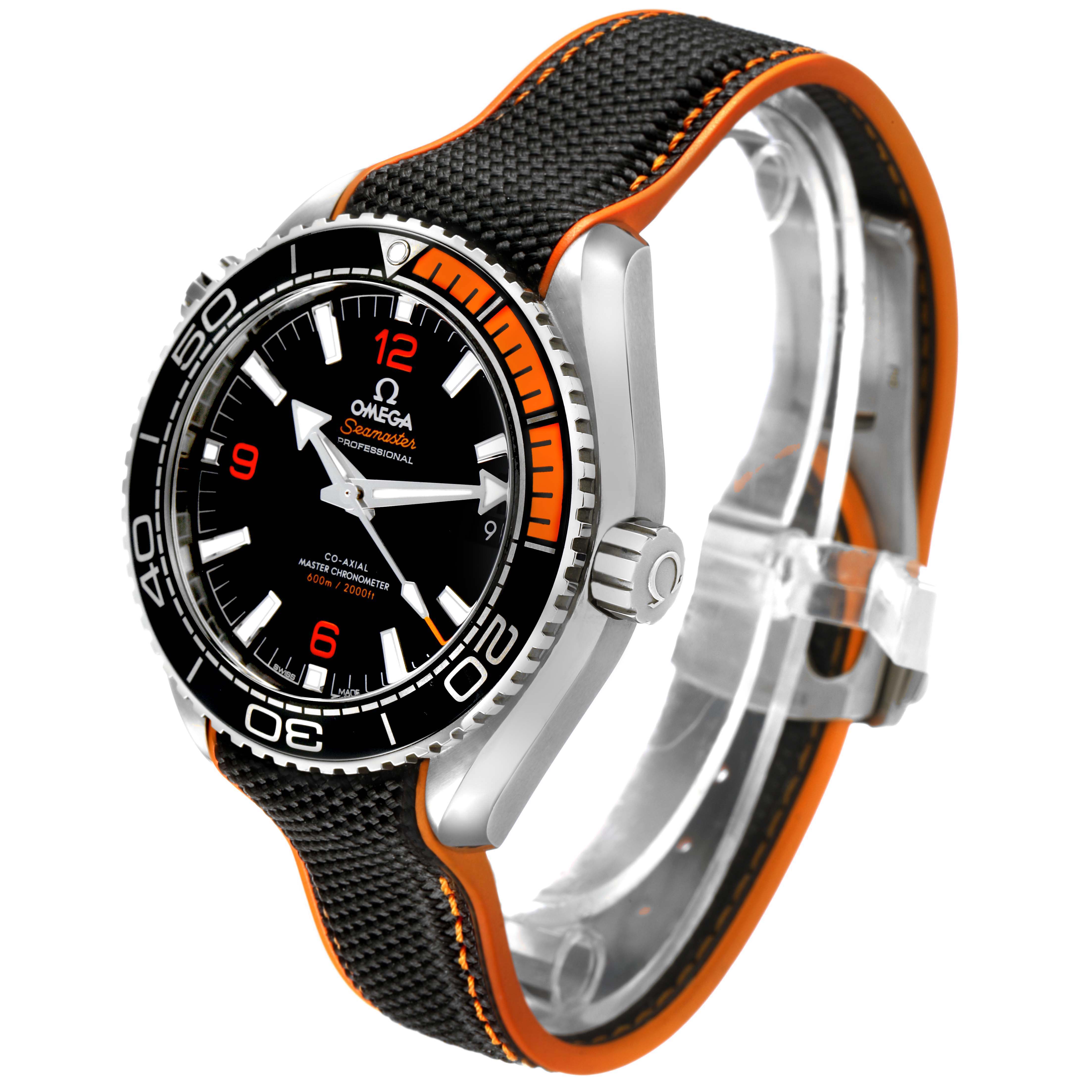 The Omega Planet Ocean 215.32.44.21.01.001 Men's Stainless Steel Black Dial watch is shown at an angle highlighting its face, bezel, crown, and strap with orange accents.