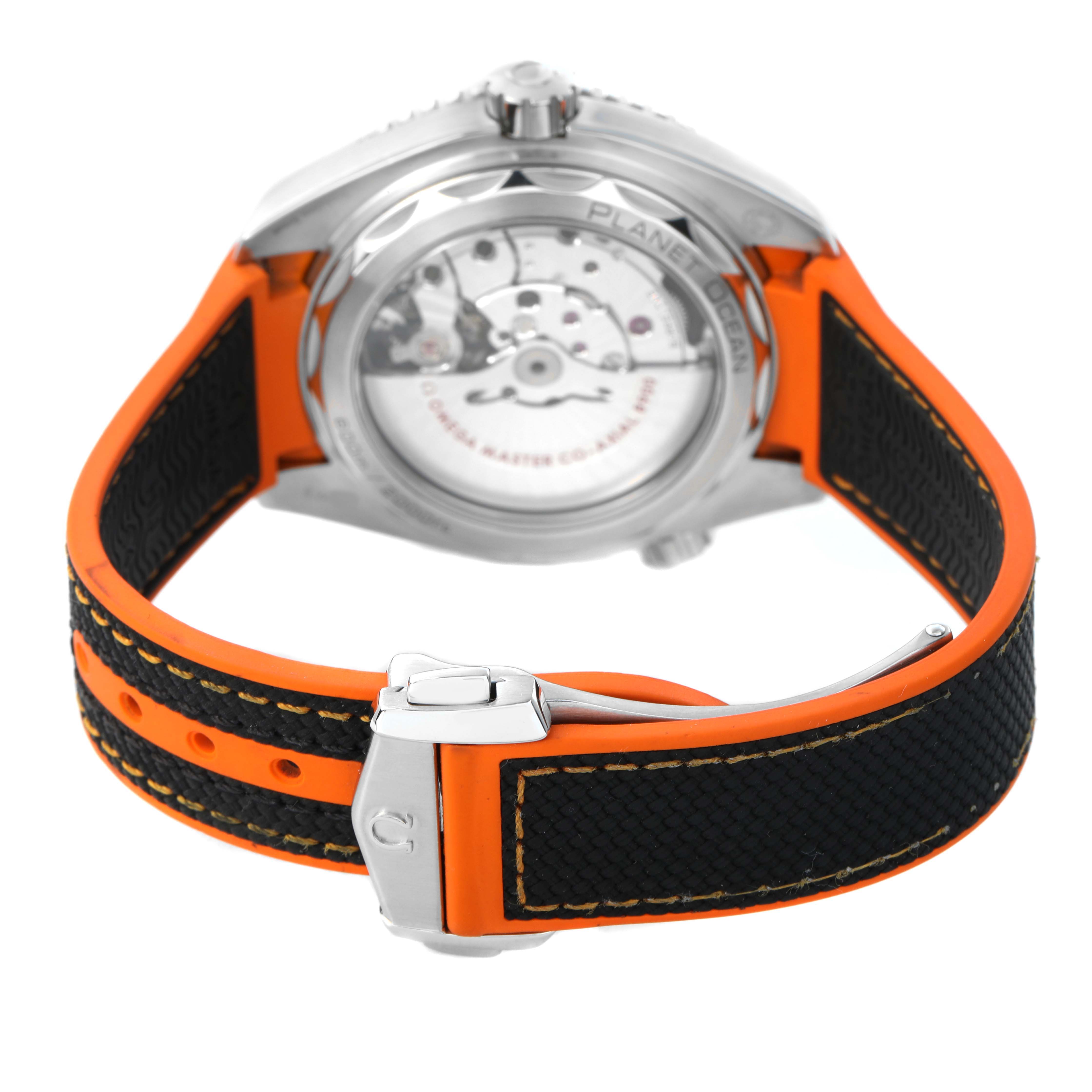 The image shows the back view of the Omega Planet Ocean 215.32.44.21.01.001 Men's Stainless Steel Black Dial watch, highlighting the strap and clasp.