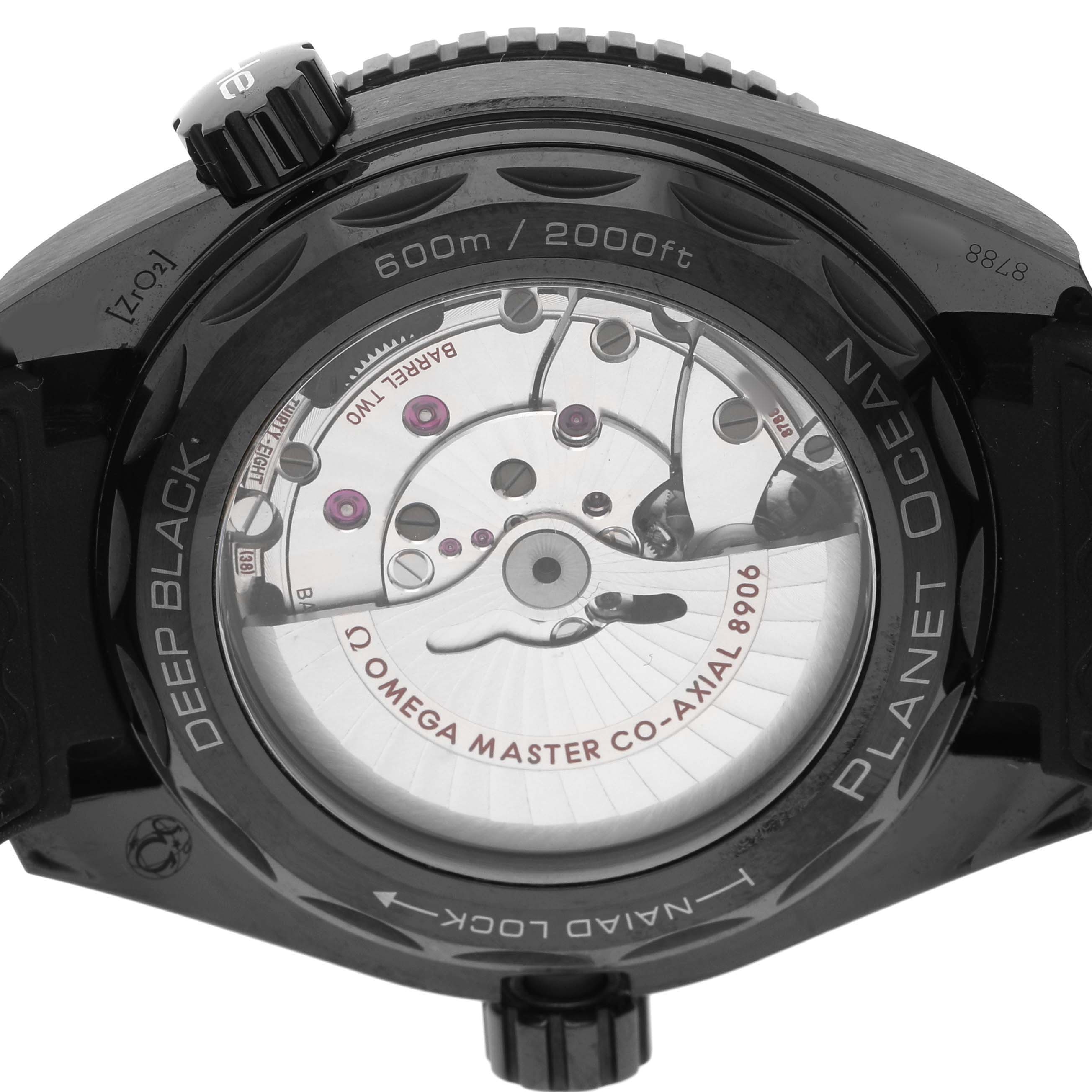The image shows the back of the Omega Planet Ocean 215.92.46.22.01.001 Men's Ceramic Black Dial watch, displaying its movement and case details.
