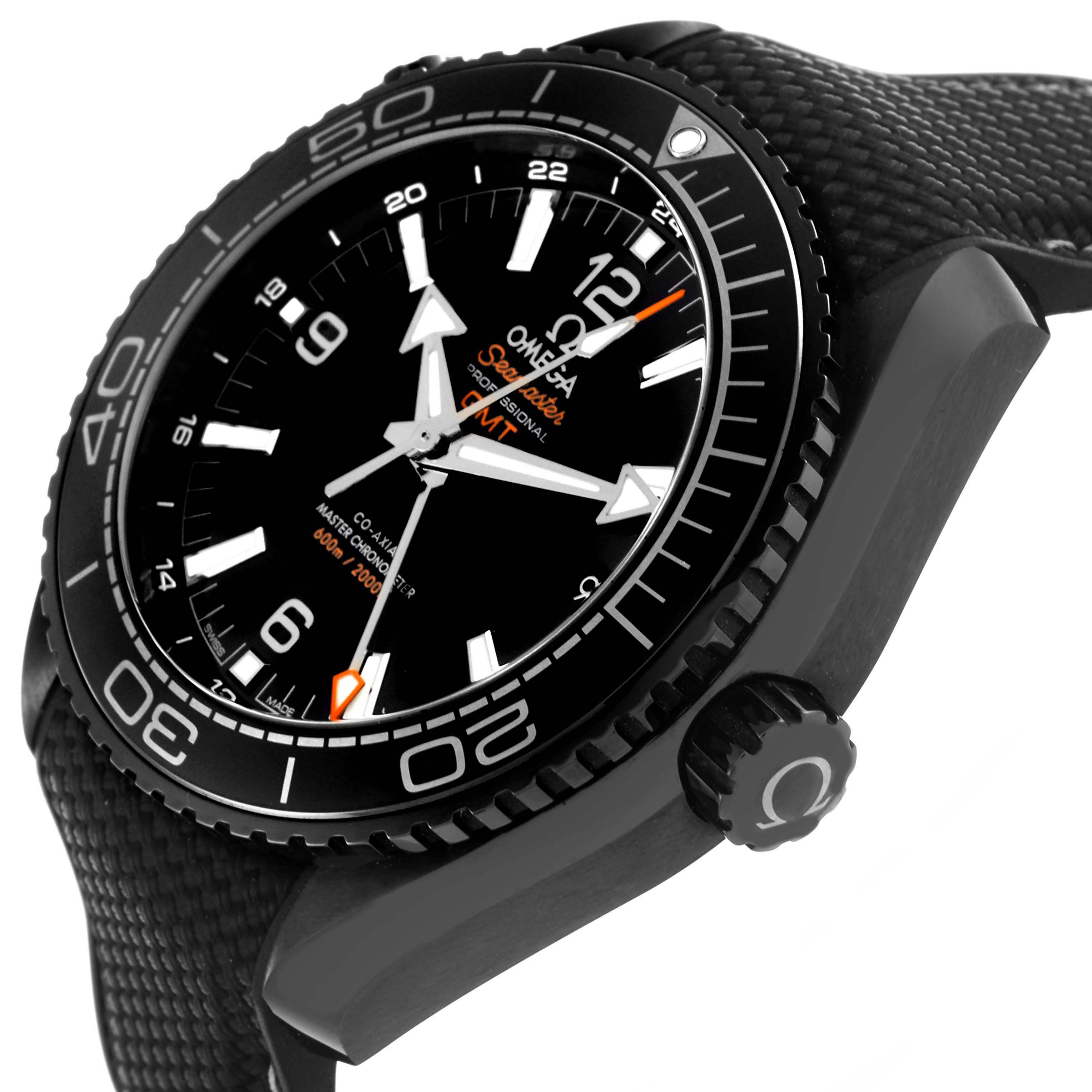 The Omega Planet Ocean 215.92.46.22.01.001 Men's Ceramic Black Dial watch is shown at an angle highlighting the bezel, dial, and crown.