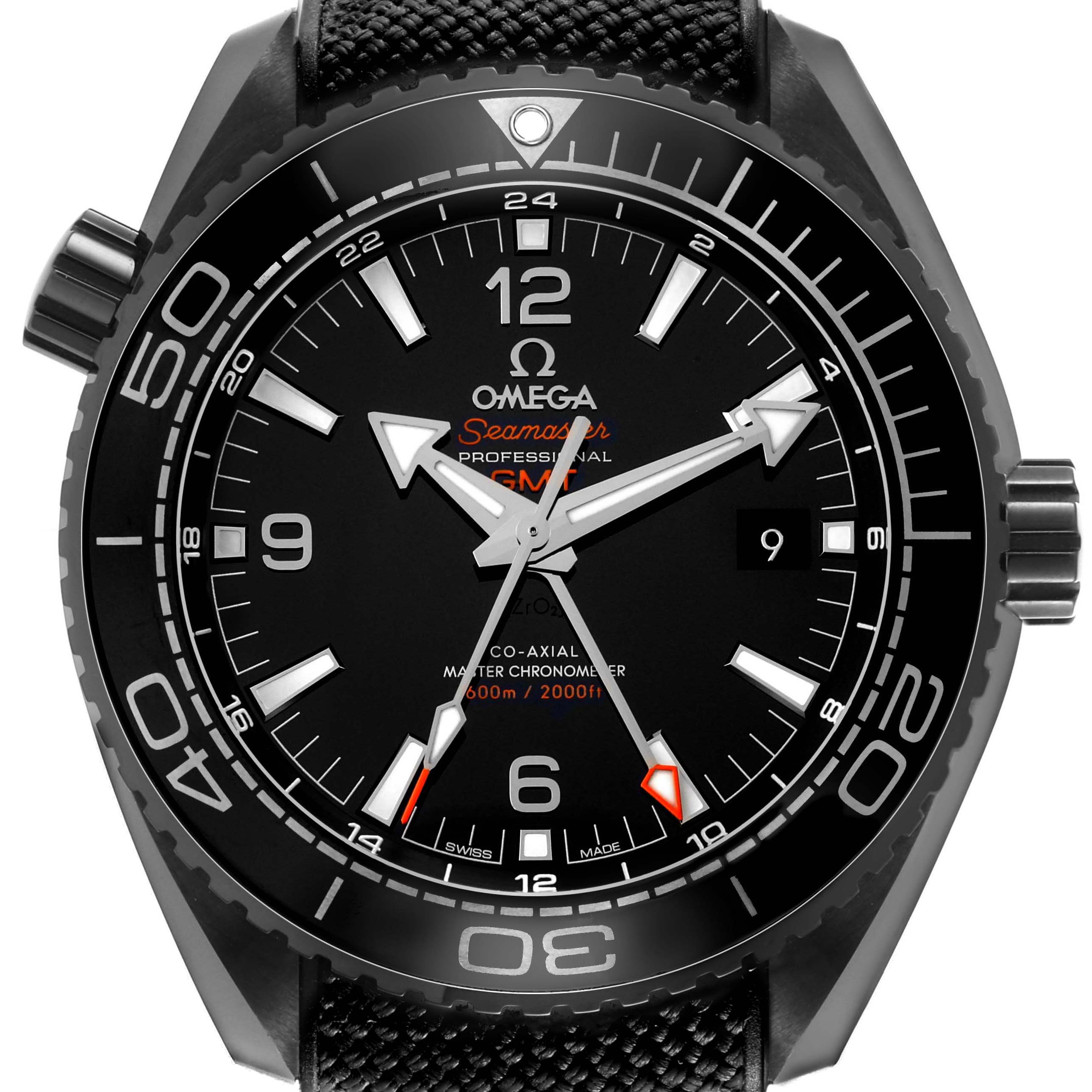 The Omega Planet Ocean 215.92.46.22.01.001 Men's Ceramic Black Dial watch is shown from the front, displaying the dial, bezel, crown, and watch strap.