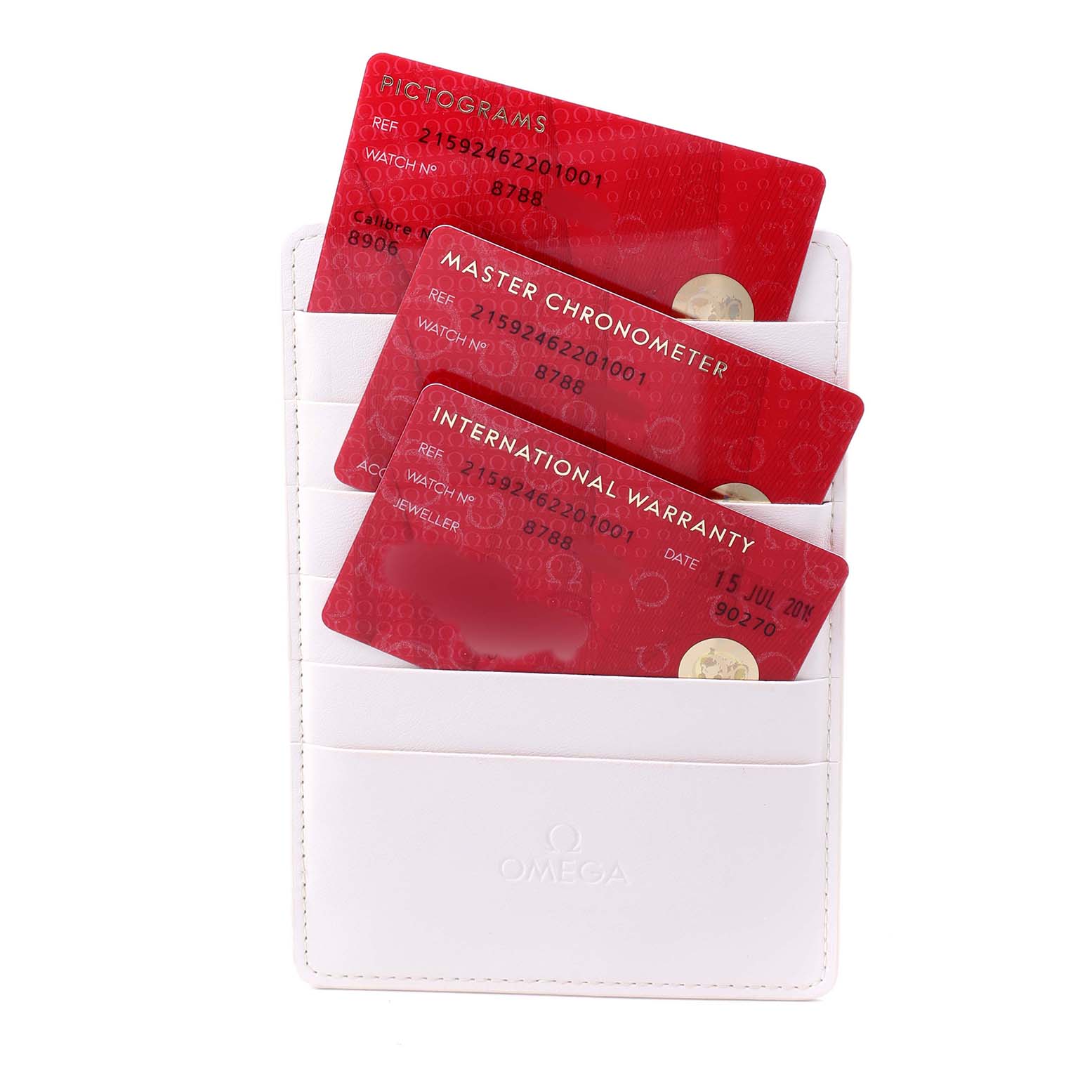 The image shows three red cards for the Omega Planet Ocean 215.92.46.22.01.001 Men's Ceramic Black Dial model in a white Omega cardholder.