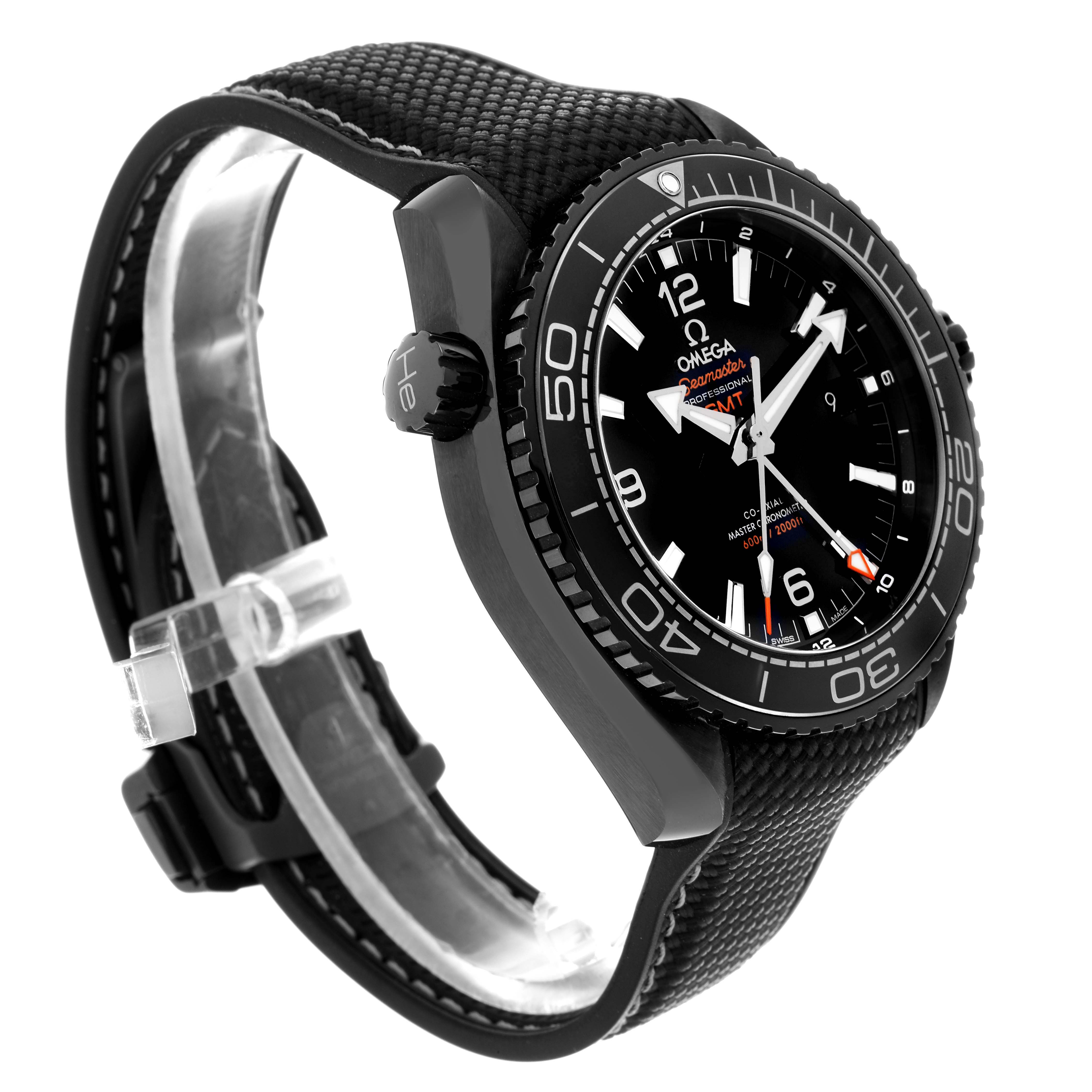 The Omega Planet Ocean 215.92.46.22.01.001 Men's Ceramic Black Dial watch is shown at an angled side view, highlighting the bezel, dial, crown, and strap.