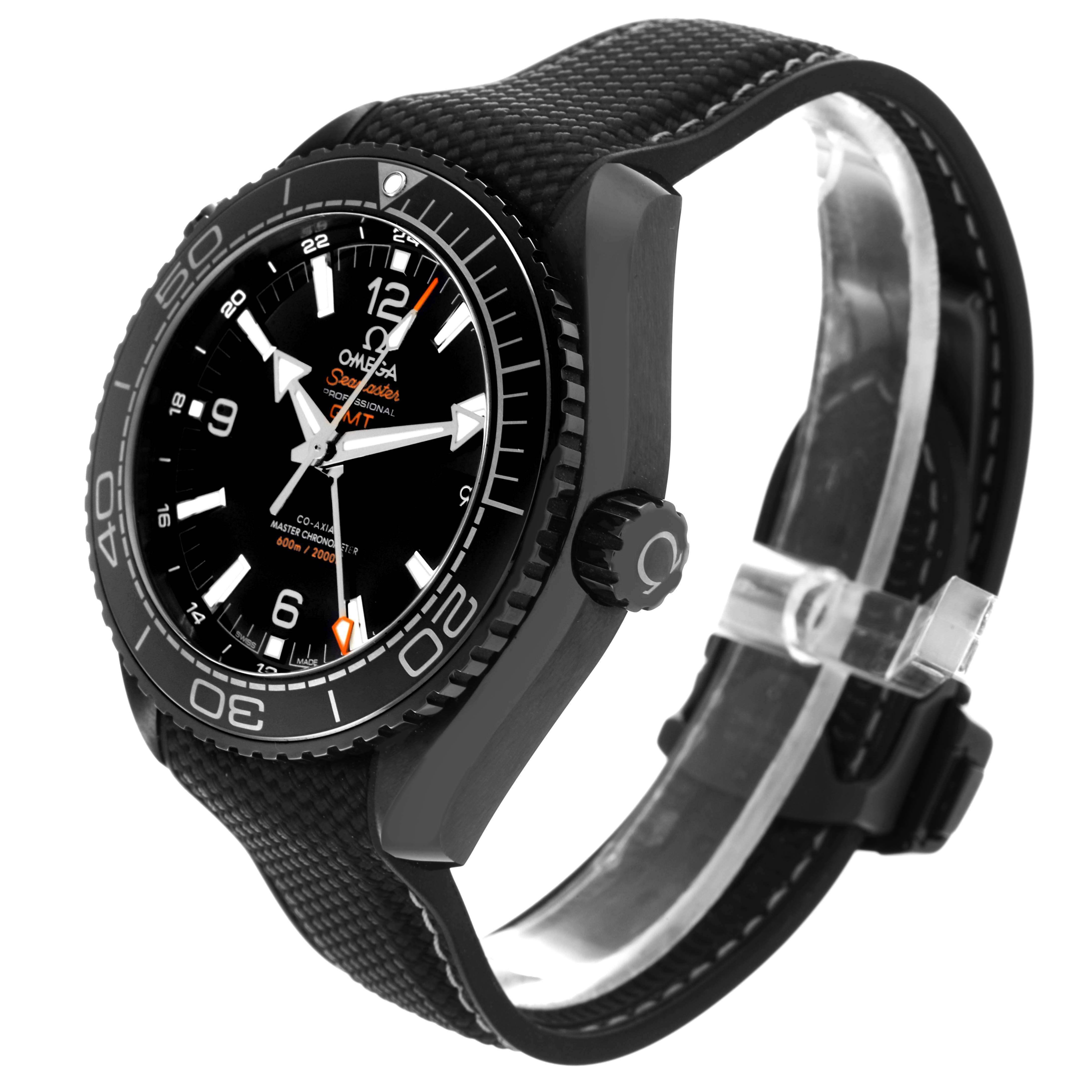 The Omega Planet Ocean 215.92.46.22.01.001 Men's Ceramic Black Dial watch is shown at a slight angle, displaying the face, bezel, crown, and part of the strap.