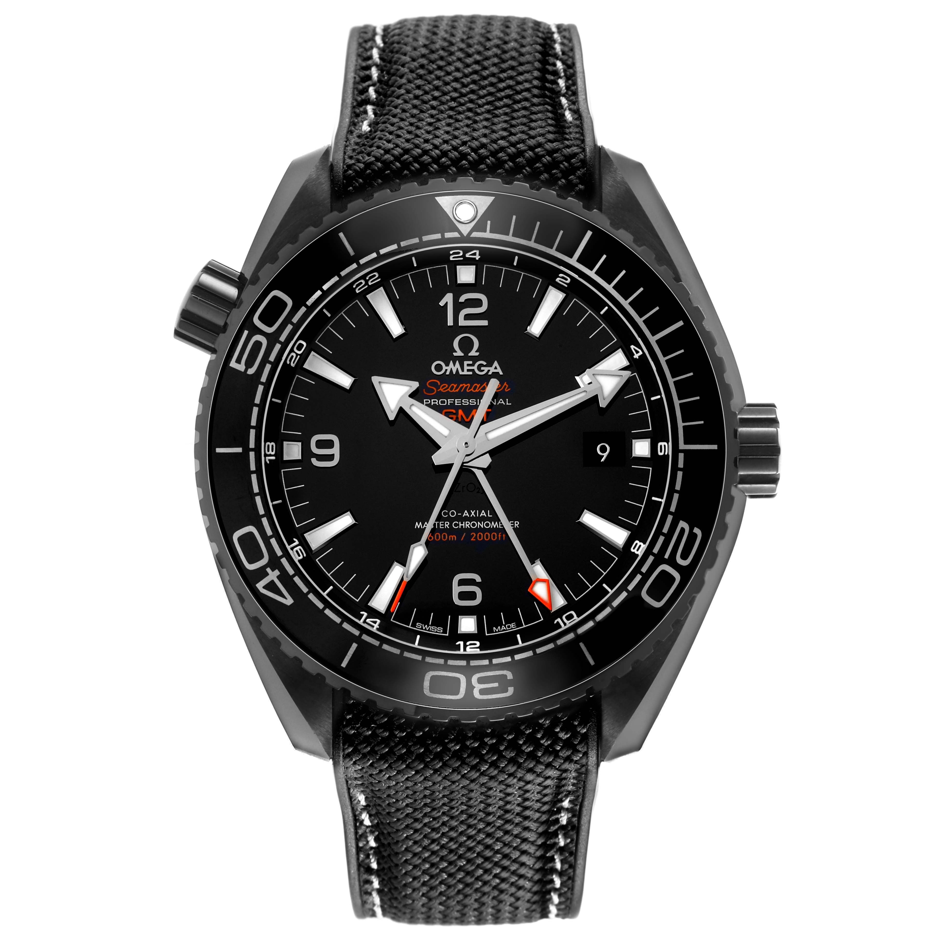 The Omega Planet Ocean 215.92.46.22.01.001 Men's Ceramic Black Dial watch is shown from a front angle, highlighting the black dial, bezel, and textured strap.