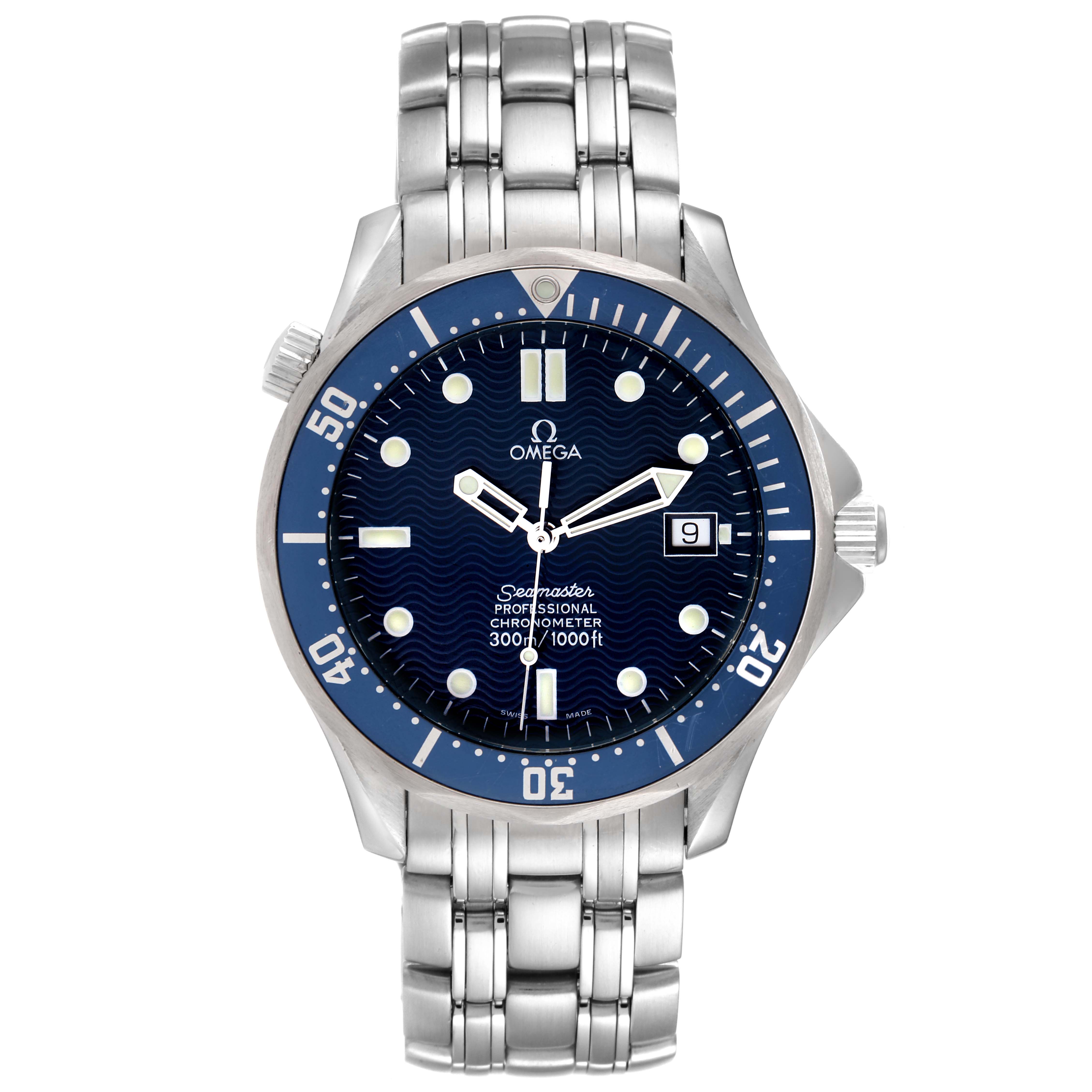 The image shows a front view of an Omega Seamaster 2531.80.00 Men's Stainless Steel Blue Dial 2531.80.00 Men's Stainless Steel Blue Dial watch, highlighting its blue dial, bezel, and stainless steel bracelet.